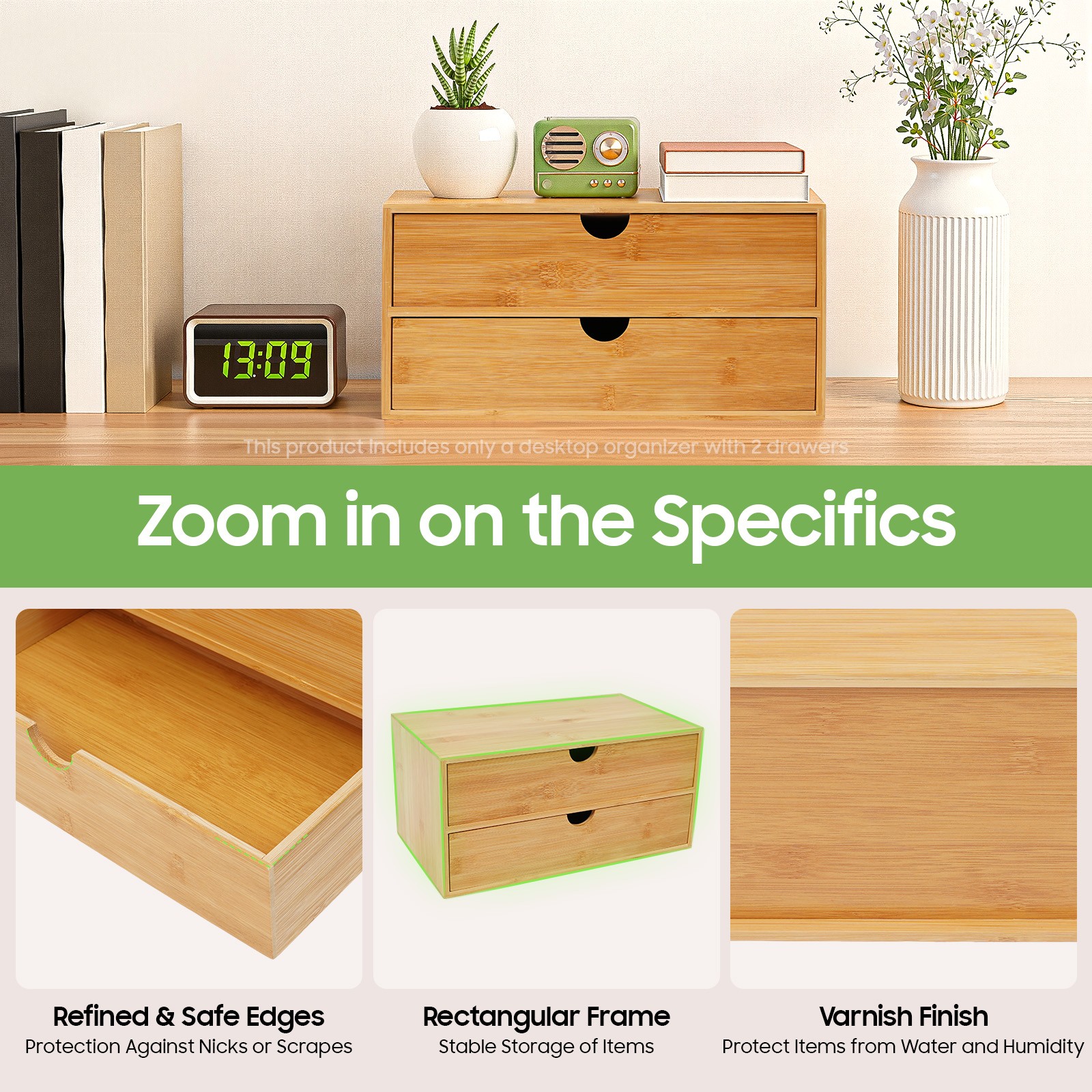Small Bamboo Organizer for Desk, Tabletop Storage Organization Box with 2 Drawer