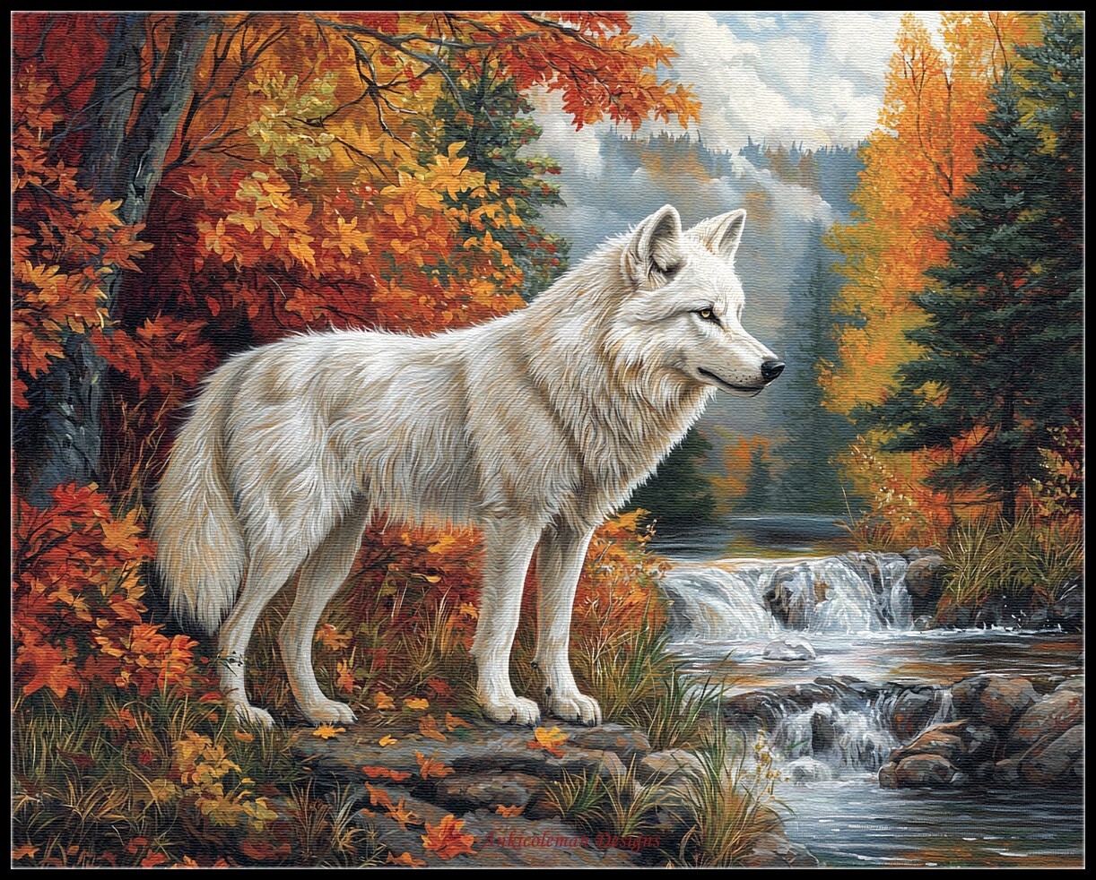 White Wolf in Autumn - Chart Counted Cross Stitch Patterns Needlework DMC Color