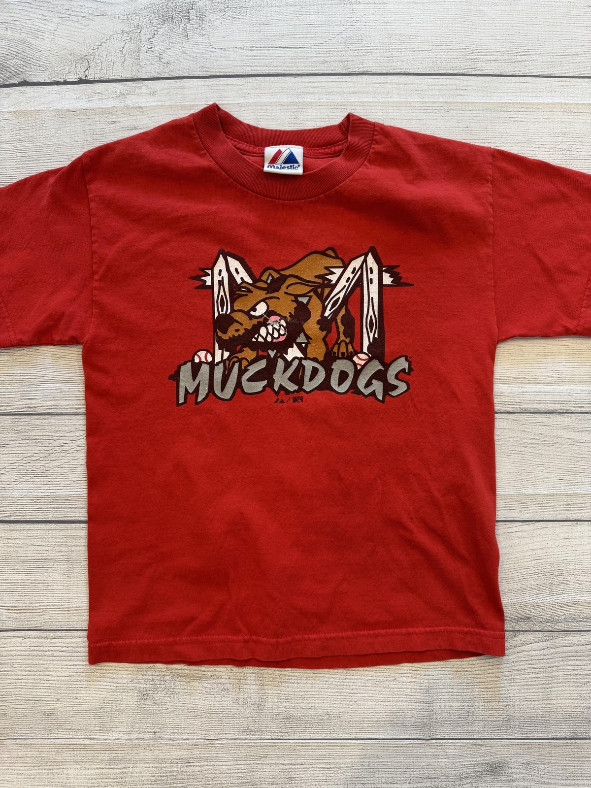 Batavia Muckdogs Shirt Kids Small Red MiLB Baseball Mascot Majestic Graphic Tee