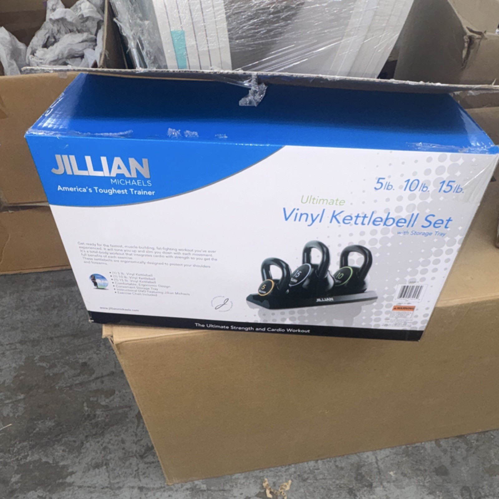 Jillian Michaels Vinyl Kettlebell Set 5lb 10lb 15lb Black Ergonomic Tray