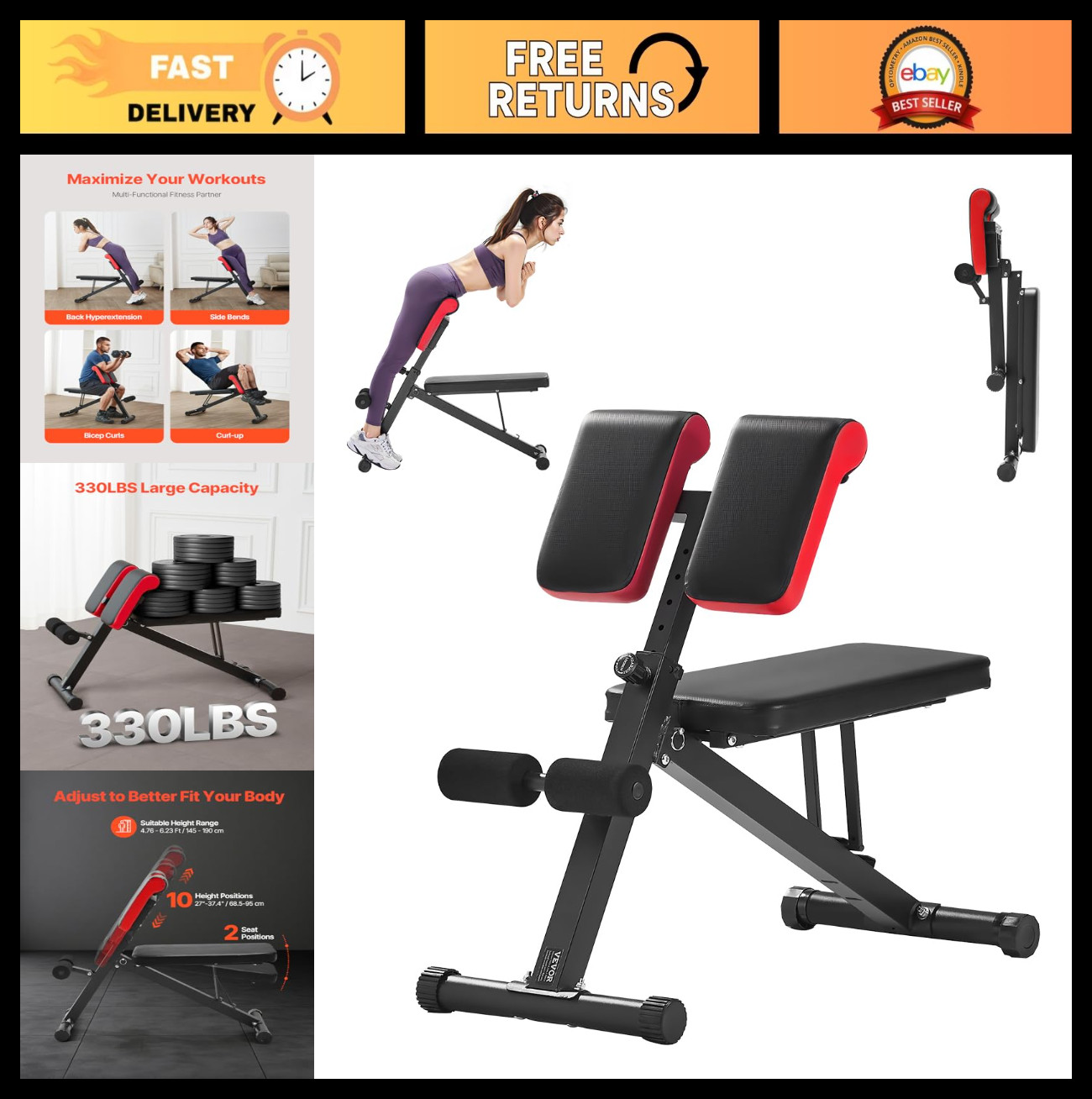 Multi-Functional Adjustable Weight Bench, Foldable Roman Chair for Full Body Wor