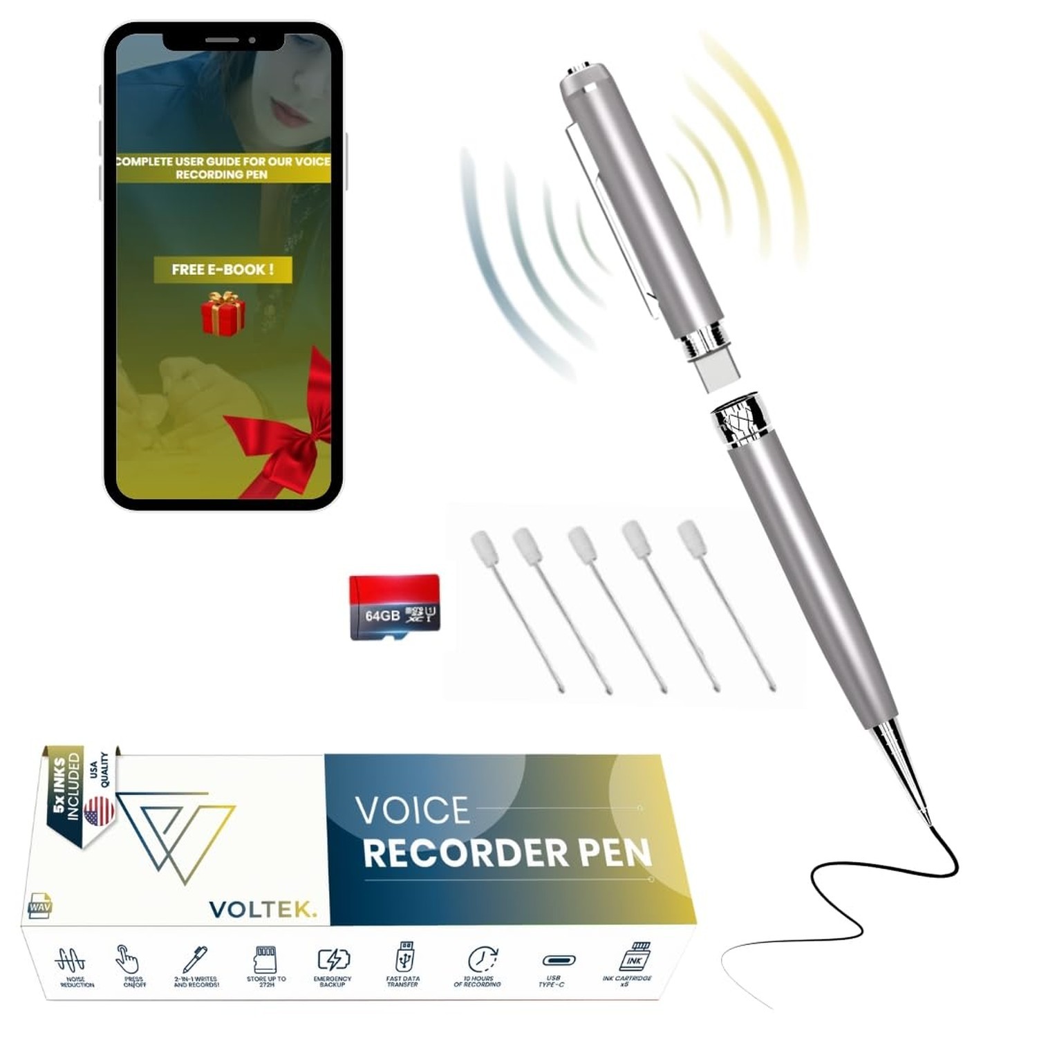 VOLTEK Digital Voice Recorder Pen - 64GB - Mini Audio Recording Device for Me...