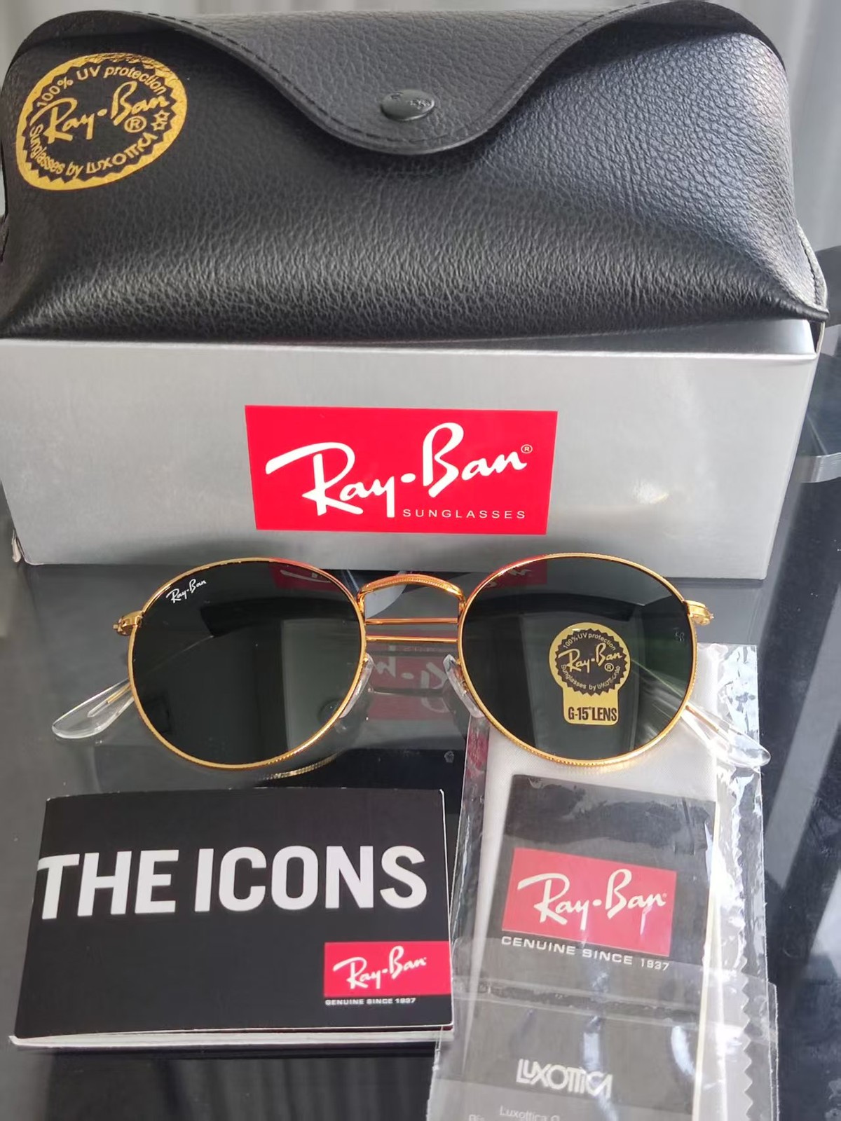 Ray-Ban RB3447 Round Metal Glod Frame Mirror Dark Green Lenses Sunglasses