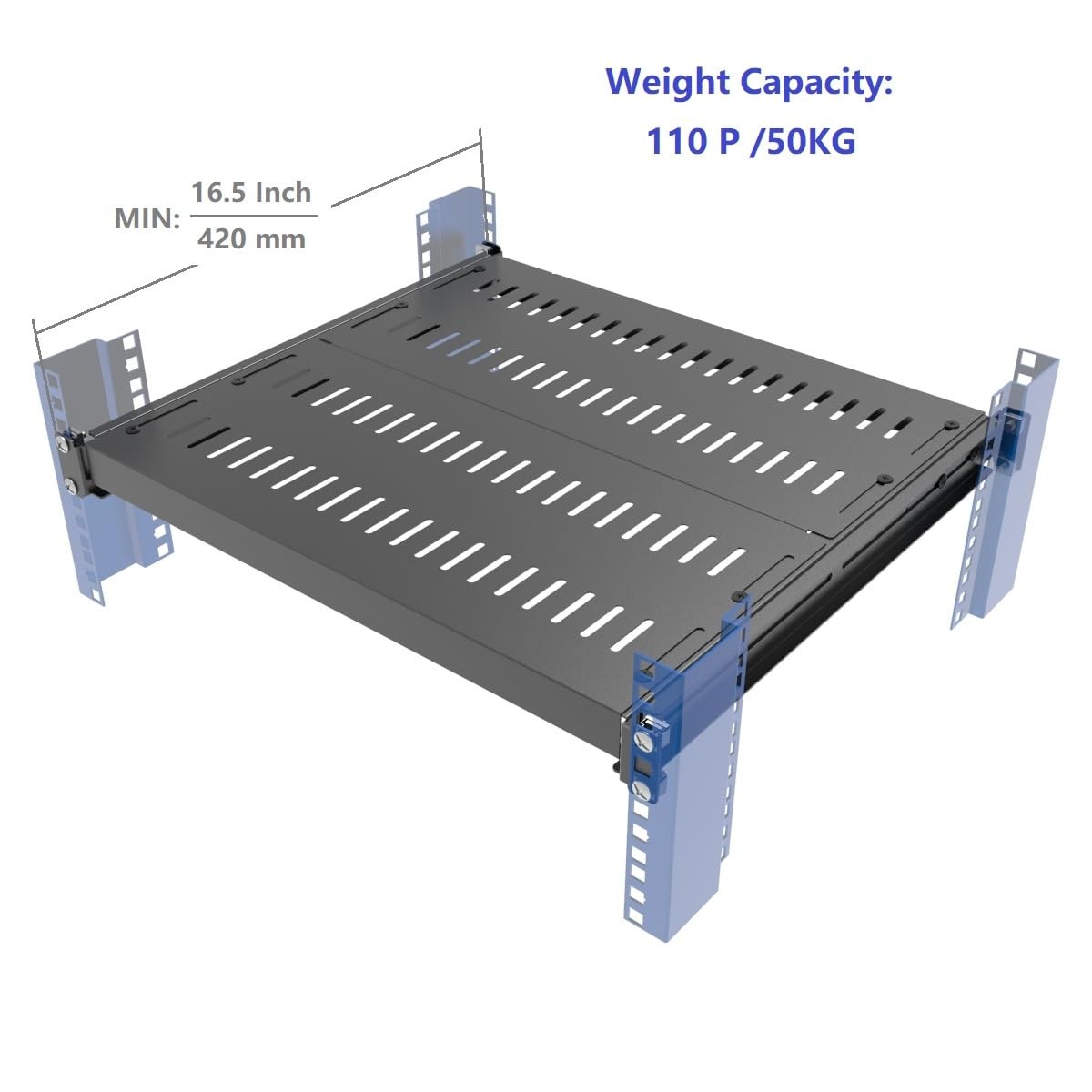 1U Vented 4-Post Adjustable Server Shelf- Universal Tray 16.5-29" Adjustable