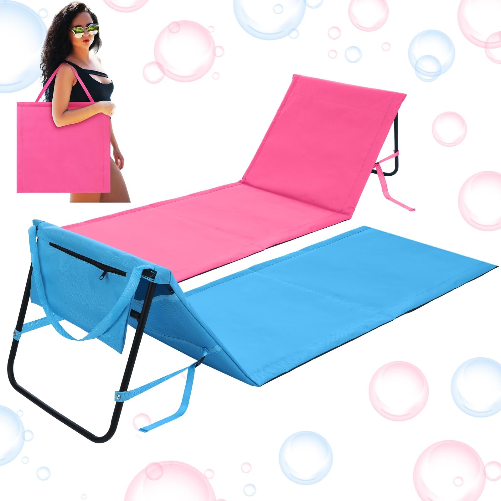 2 Pack Foldable Beach Lounge Chairs for Adults Couple Portable Folding Lightw...
