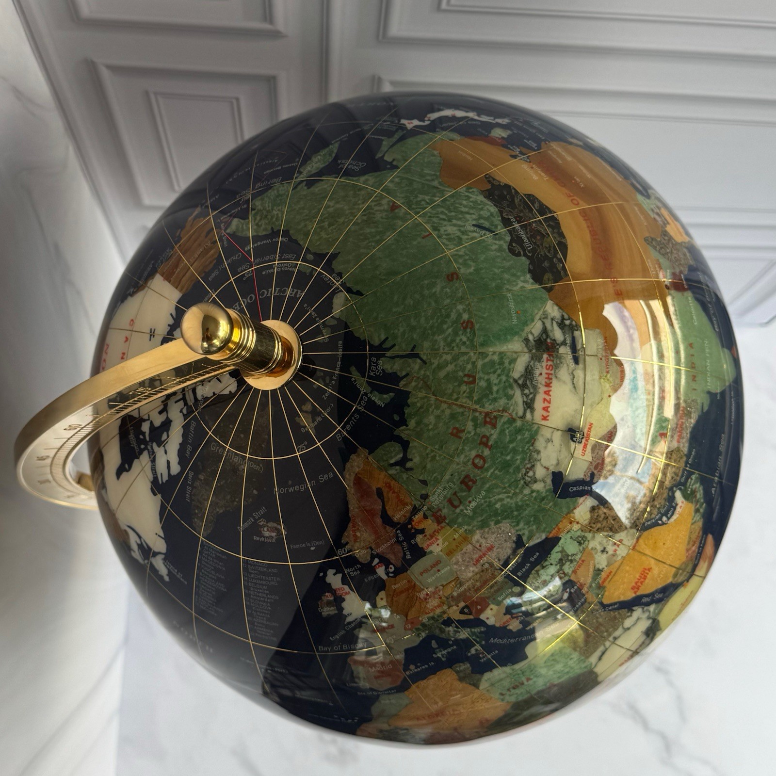 🌍 Large Semi-Precious Stone World Globe on Brass Stand