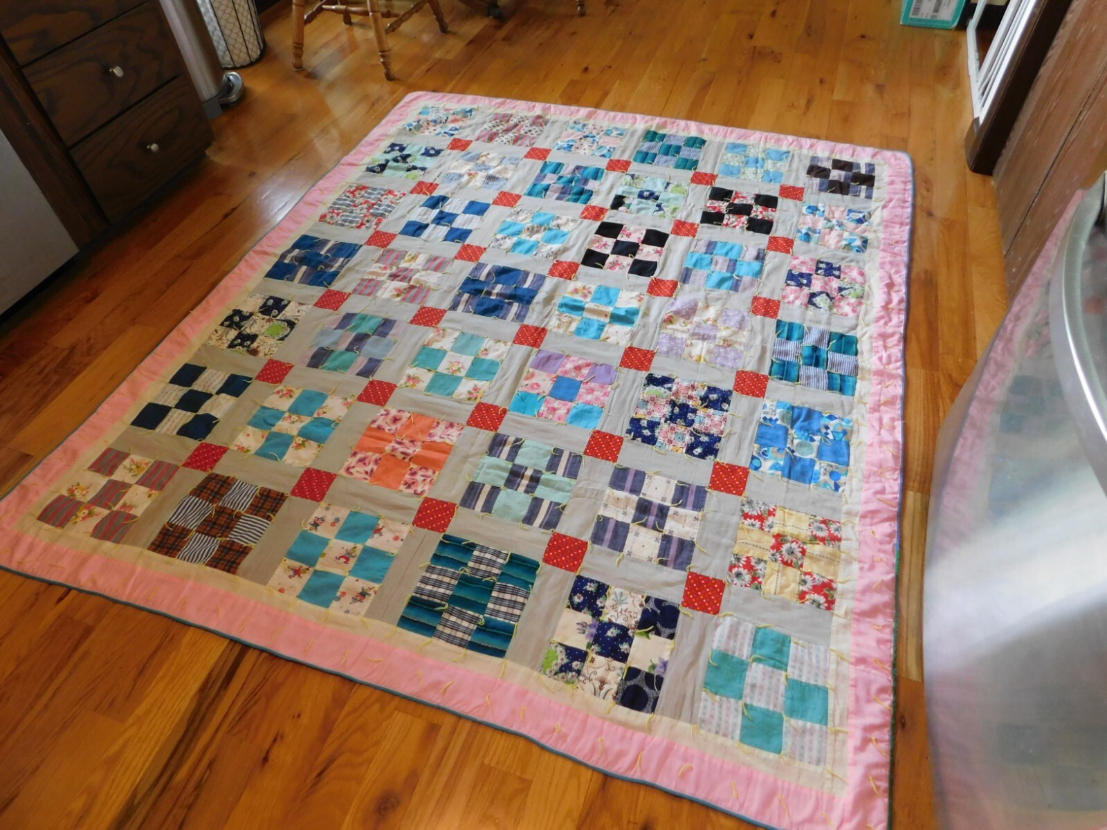 Handmade Nine Patch Quilt Vintage Cotton Prints Geometric Pink Floral Hand Tie