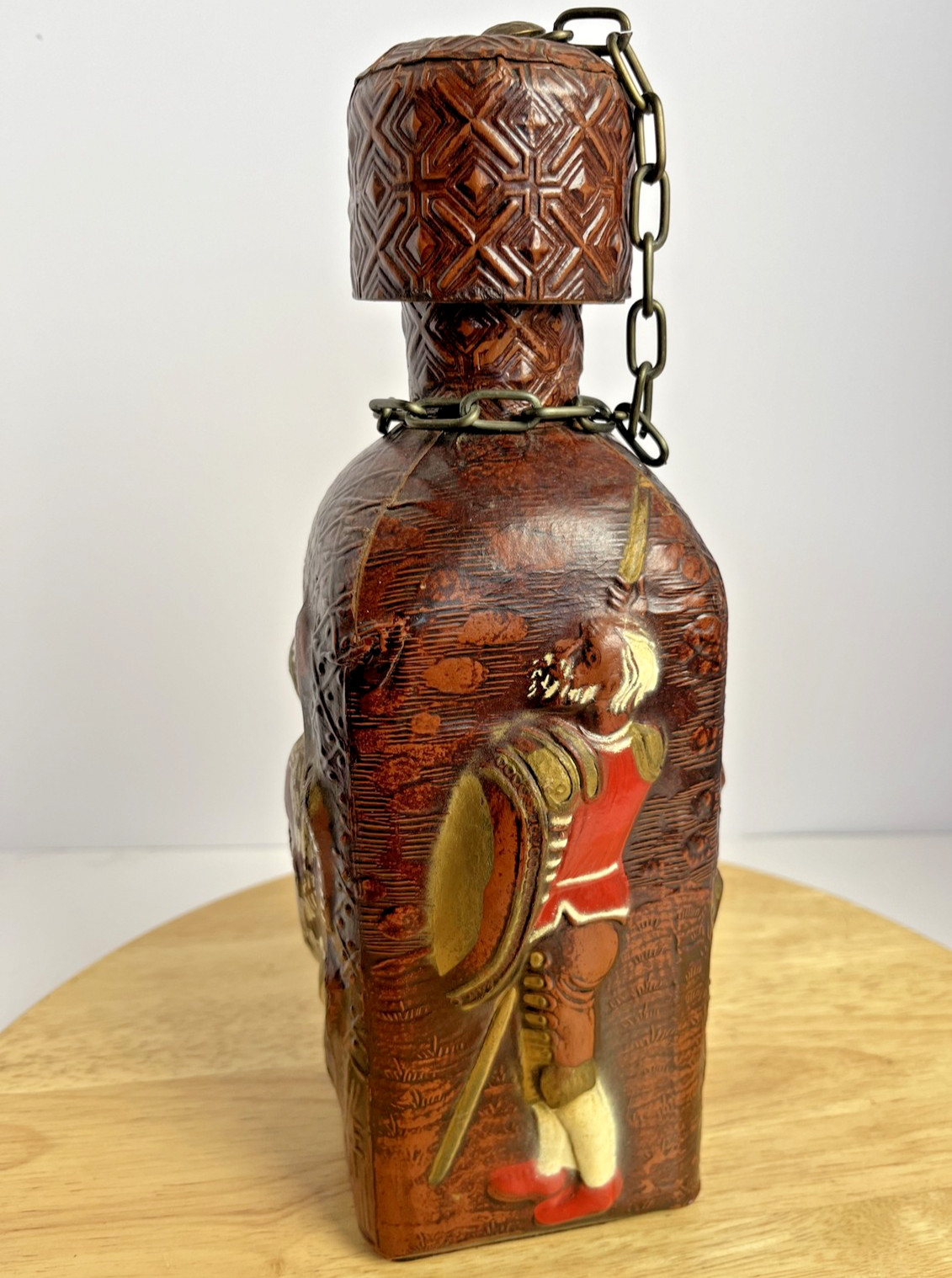 Leather Wrapped Glass Decanter Bottle Don Quijote And Sancho Cap Chain Spain