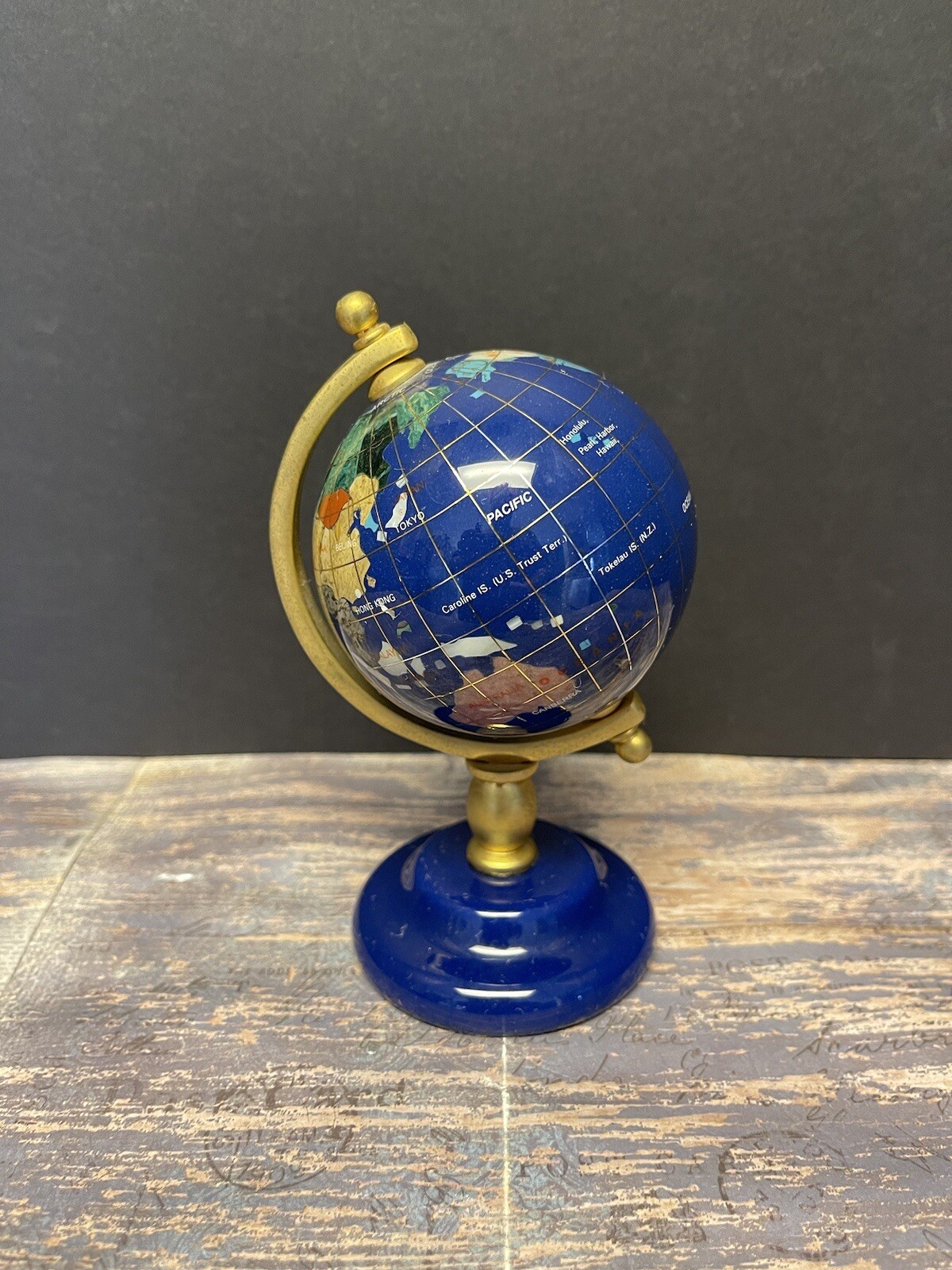 Vtg Desktop Globe Semi Precious Inlaid 5” Lapis Abalone Pearl