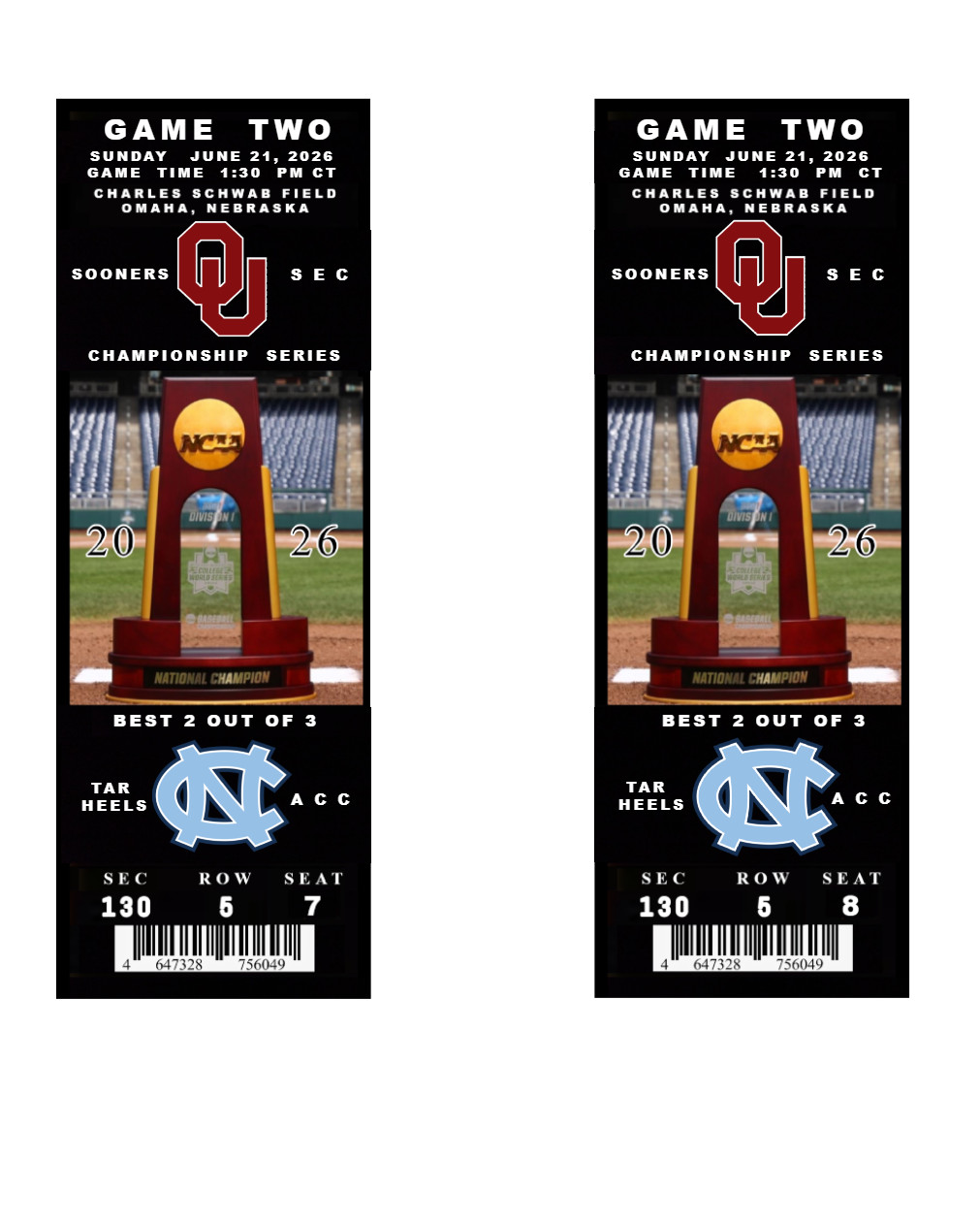 CWS 2026 COLLEGE WORLD SERIES GAME 2 UNC VS OU CHAMPIONSHI SERIES  2 COMMEMO TIX