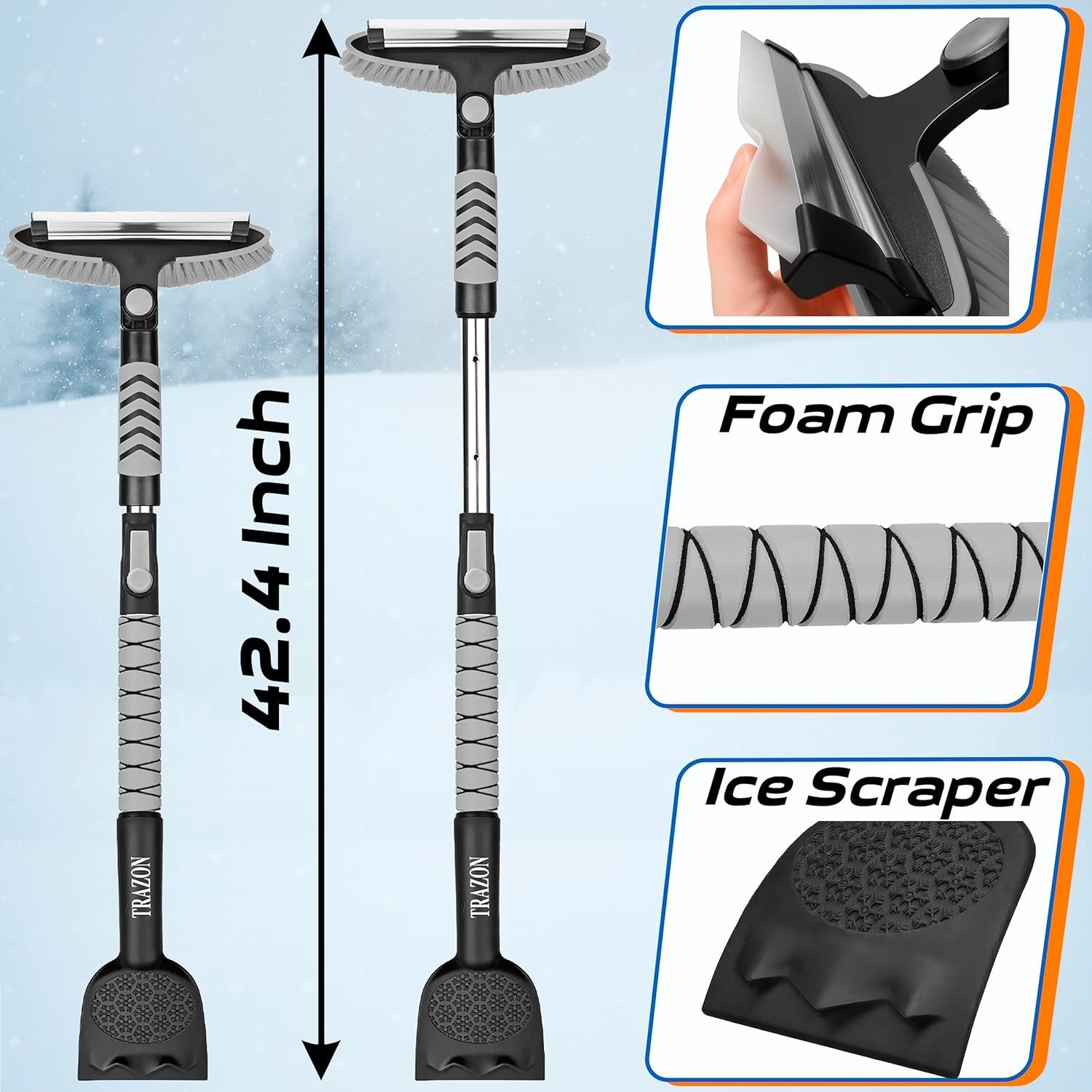 Compact 42.4" Snow Brush & Ice Scraper with Detachable Handle - Cars & SUVs