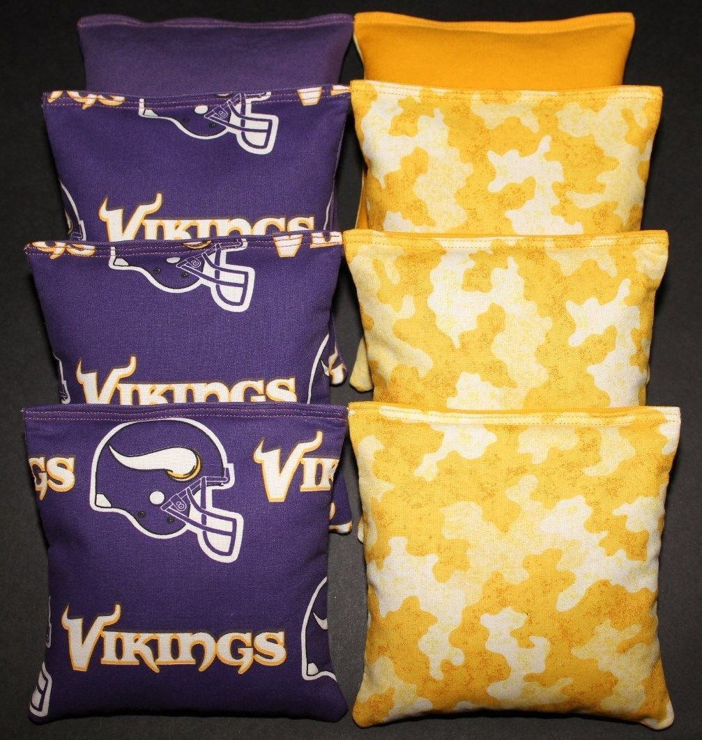 8 All Weather CORNHOLE BEANBAGS made w MINNESOTA VIKINGS Fabric ACA Reg Bags