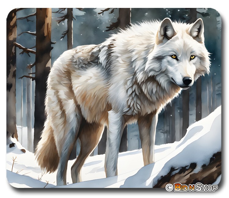 WHITE SNOW WOLF in Forest - Mousepad / Mouse Pad / Mat - Wolves HOME OFFICE GIFT