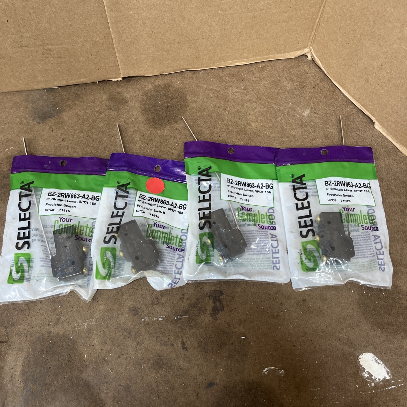 Lot Of 4, Selecta Microswitch BZ-2RW863-A2 15A SPDT 6" Long Lever Microswitch