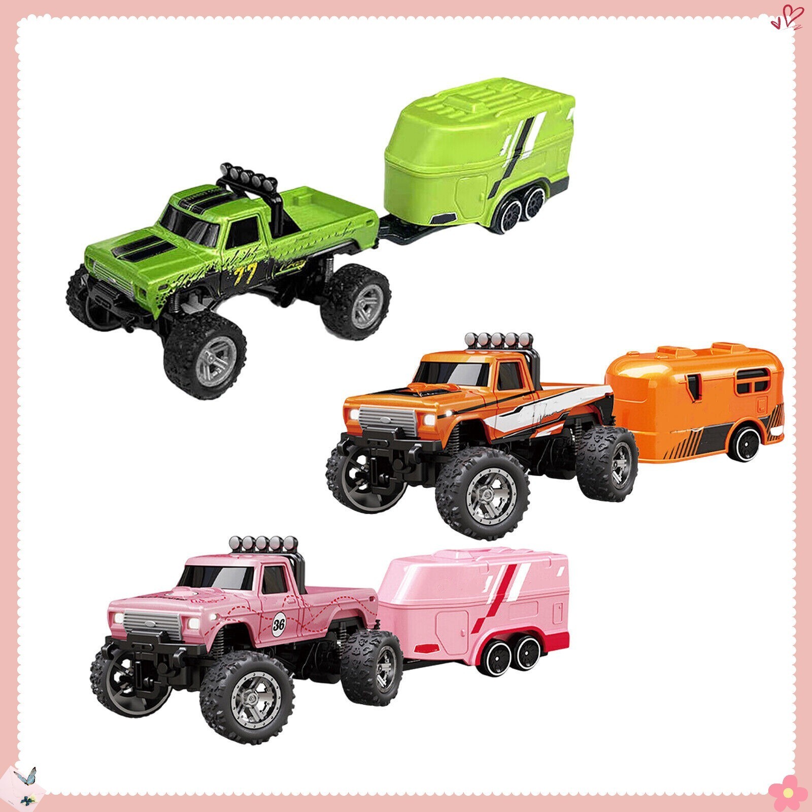 Mini RC Monster Truck USBC Rechargeable Underflow with Trailer,1:64 Scale Alloy