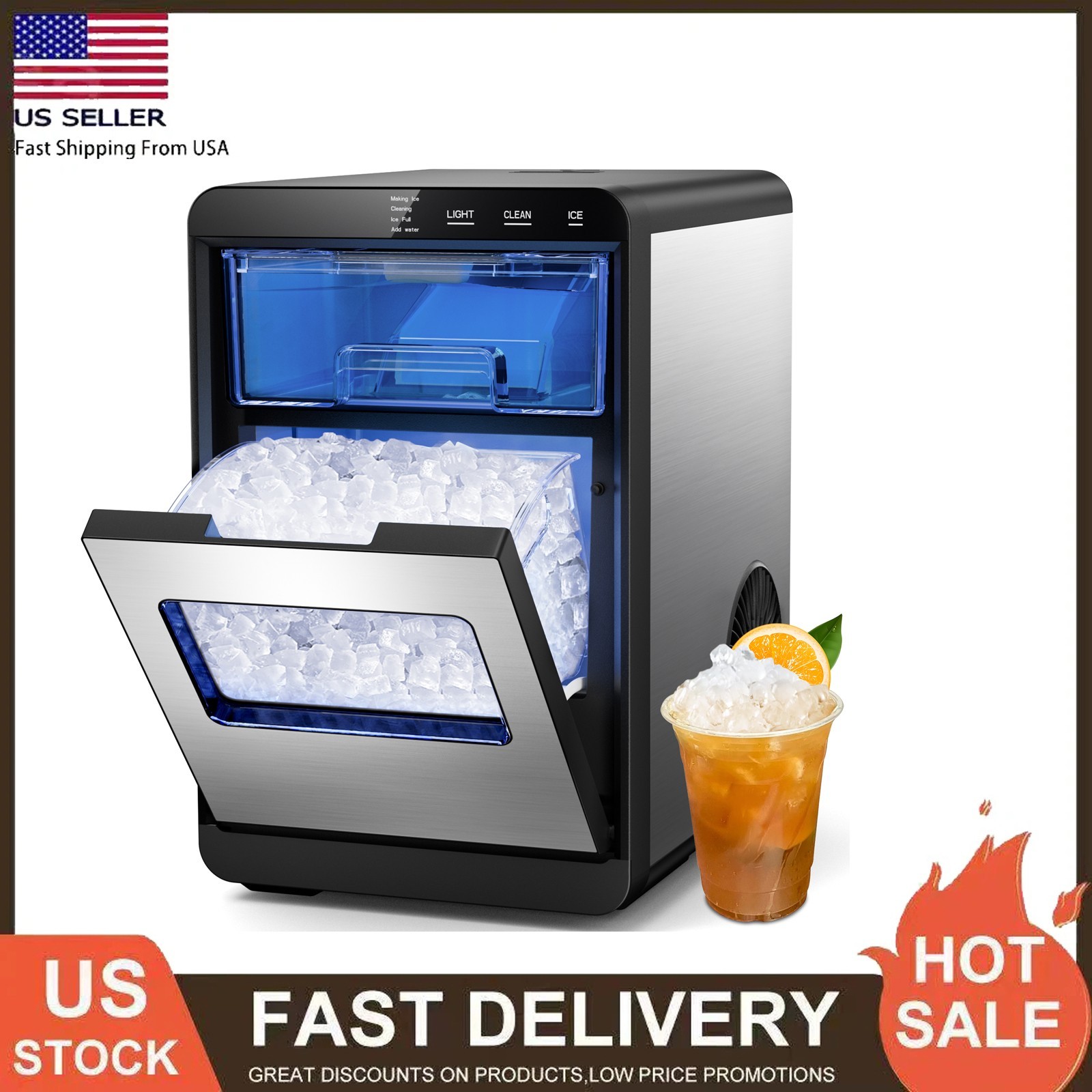 Nugget Ice Maker Countertop 44bs/24H, Self-Cleaning Chewable Pellet Ice Machine