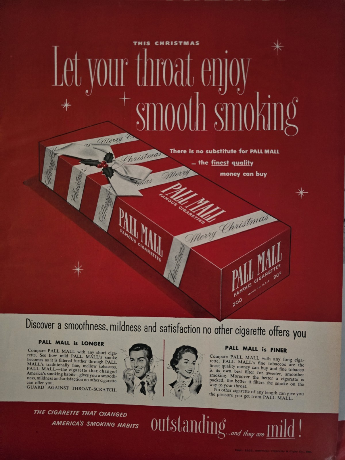 1953  Pall Mall Cigarettes Christmas smooth smoking vintage Ad