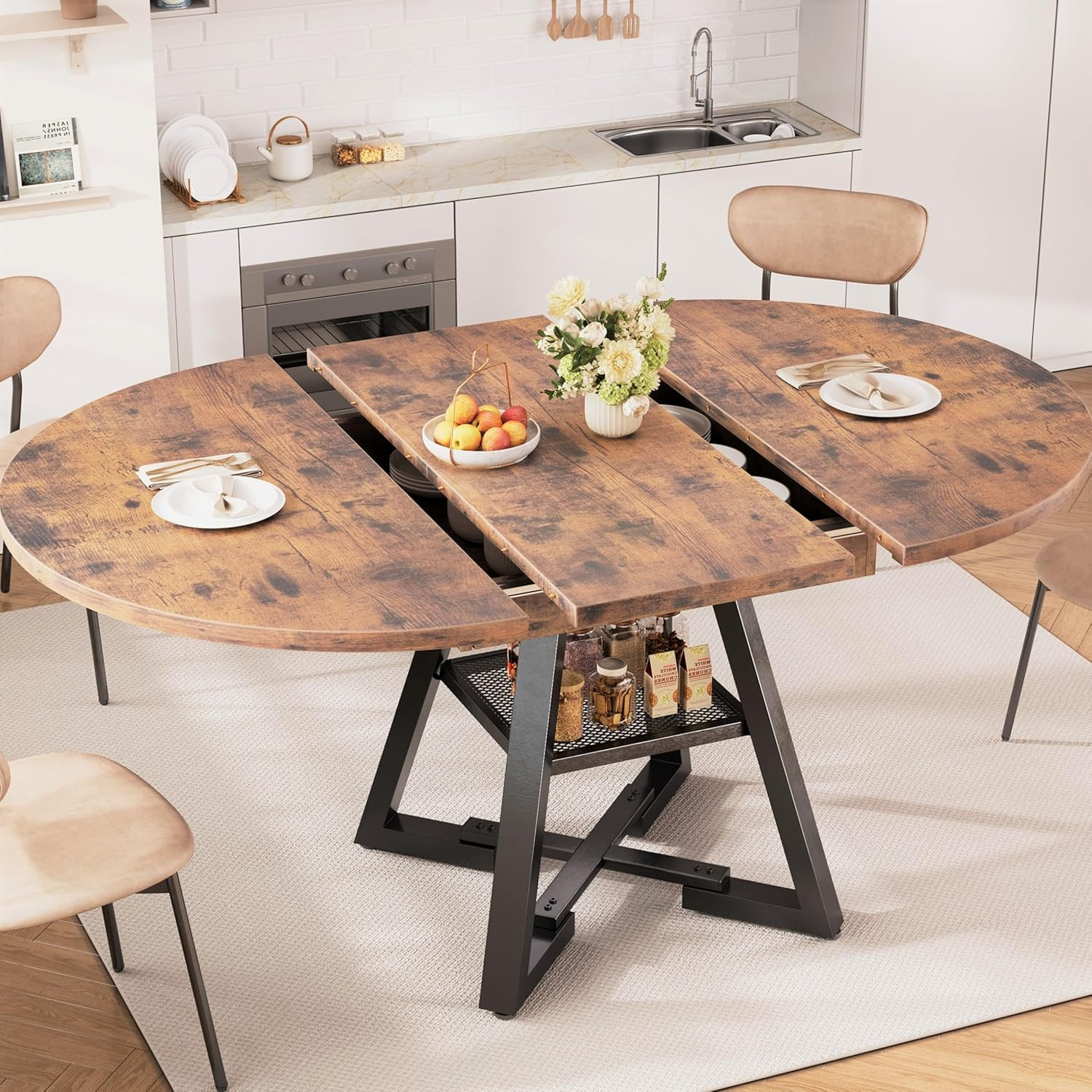 Vintage Extendable Round Dining Table for 4-6 with Storage Shelf