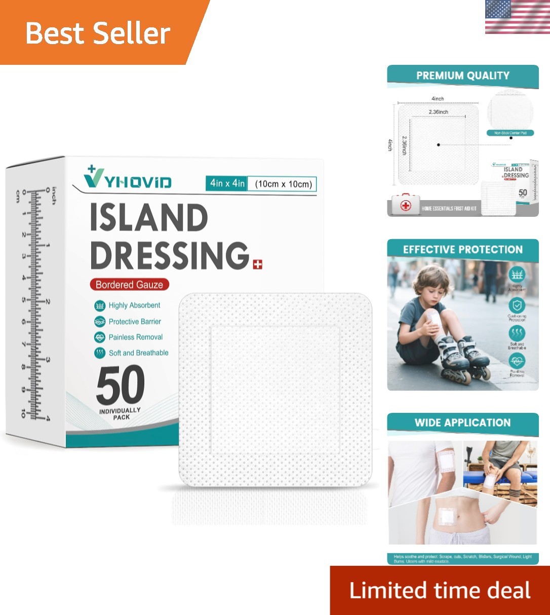 Wound Dressings Gauze Pads 50 Count 4x4 Inch Non-Stick Border Bandages