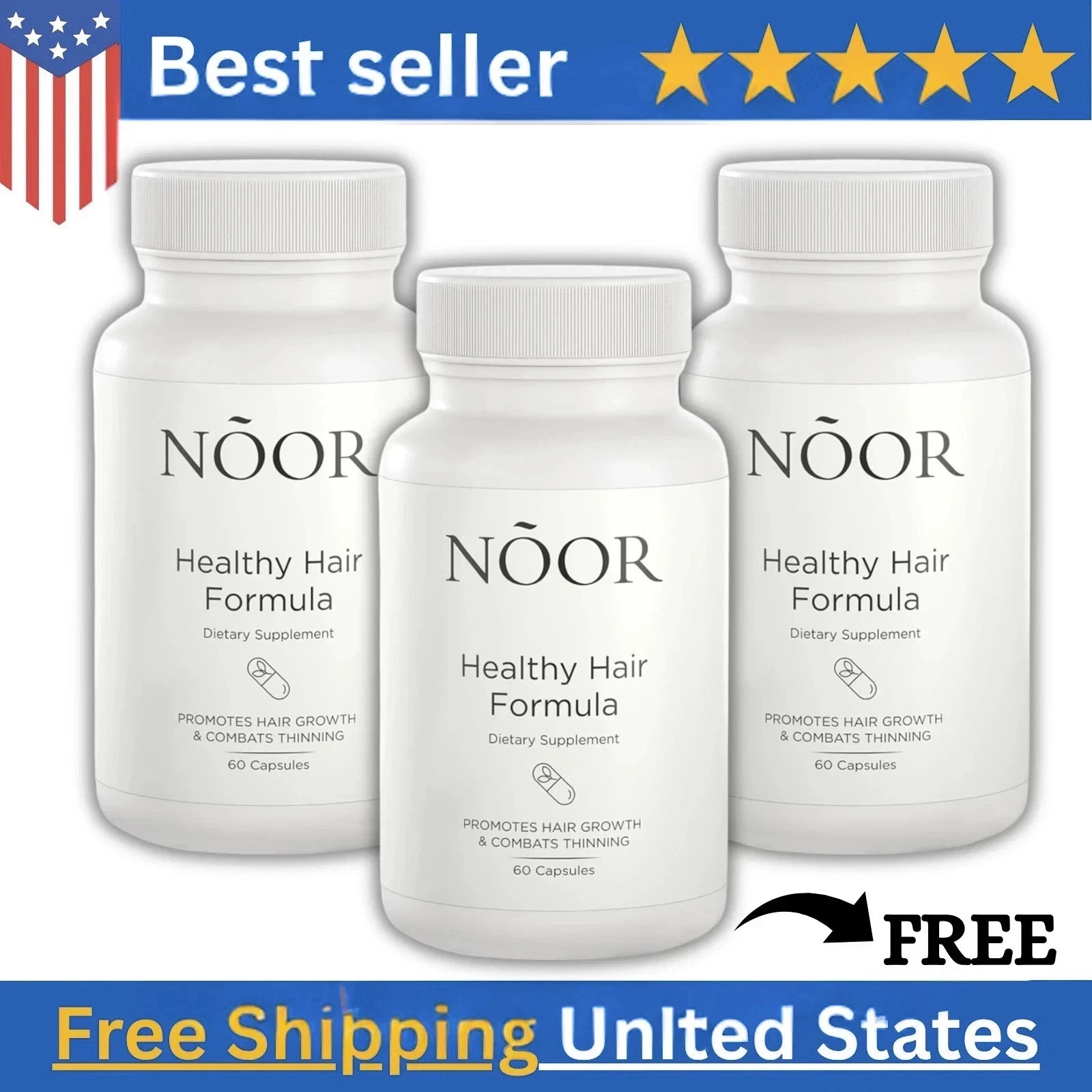 3-Pack NOOR Healthy Hair Formula - NOOR Hair Growth Support Capsules - 180Caps.