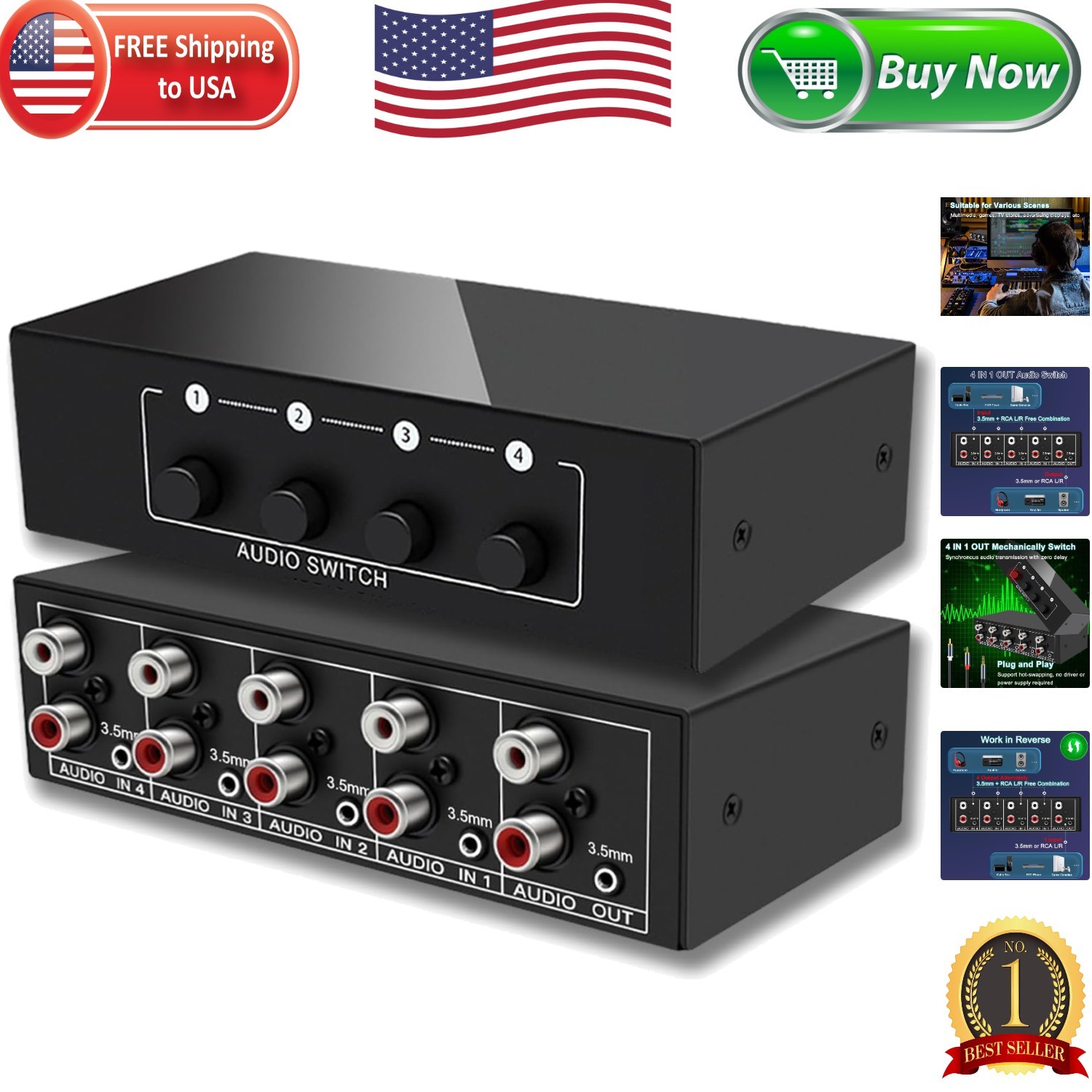 Quality Bi-Directional Audio Switcher - Connect 4 Devices to 1 Speaker