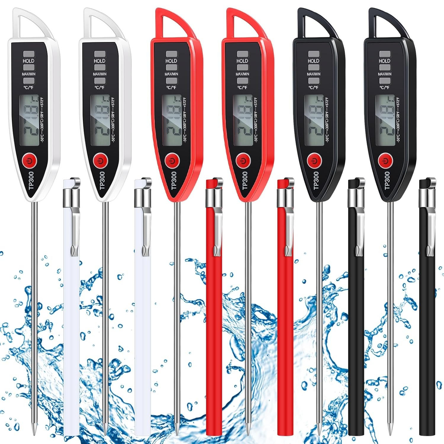 6-pack waterproof digital food thermometers with long probes