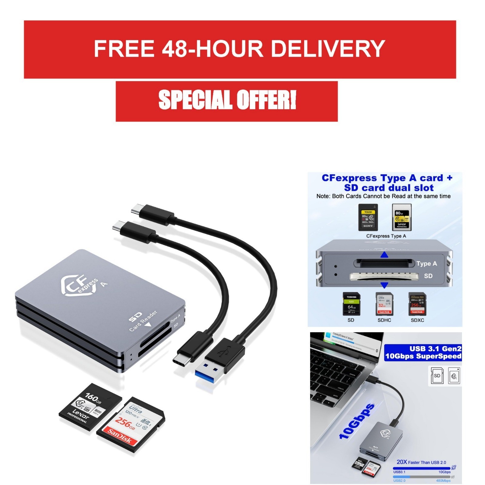 CFexpress Type A/SD Dual Slot Card Reader USB-C 10Gbps