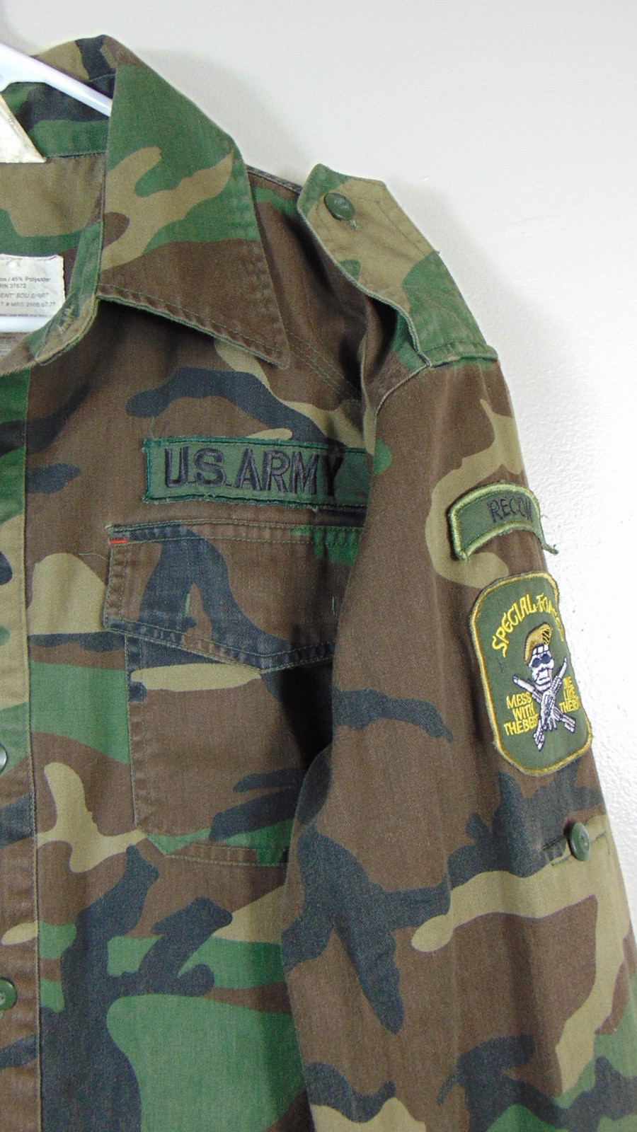 US Army Stargent Bdu Shirt / Top Medium Camo green RECON Special Forces Patch