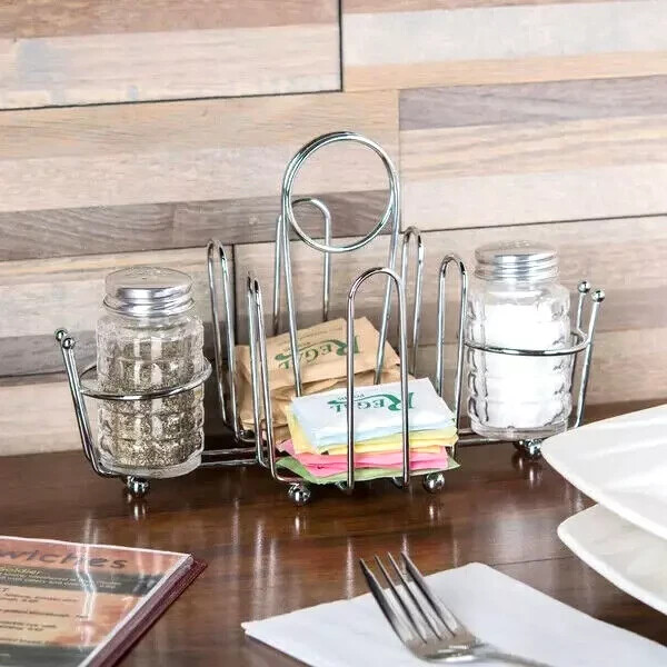 SALT, PEPPER & SUGAR Condiment with MENU HOLDER Metal Restaurant Table Organizer
