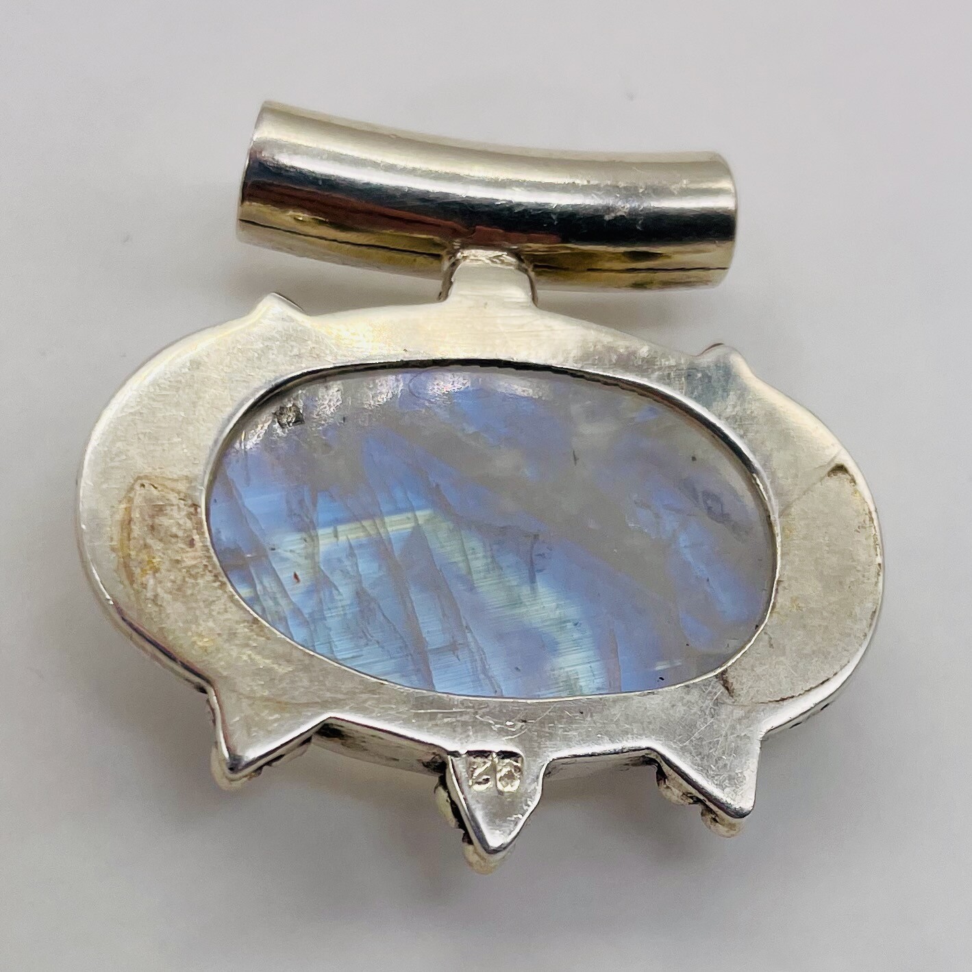 Alluring Rainbow Moonstone Sterling Silver Pendant | Blue White | 1 1/4" long |
