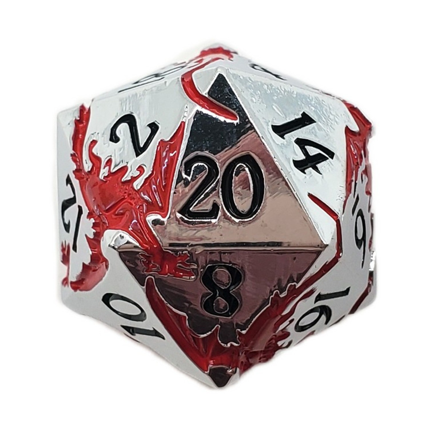 Old School Dice Metal Dice Soaring Dragon d20 - Silver w/Red New