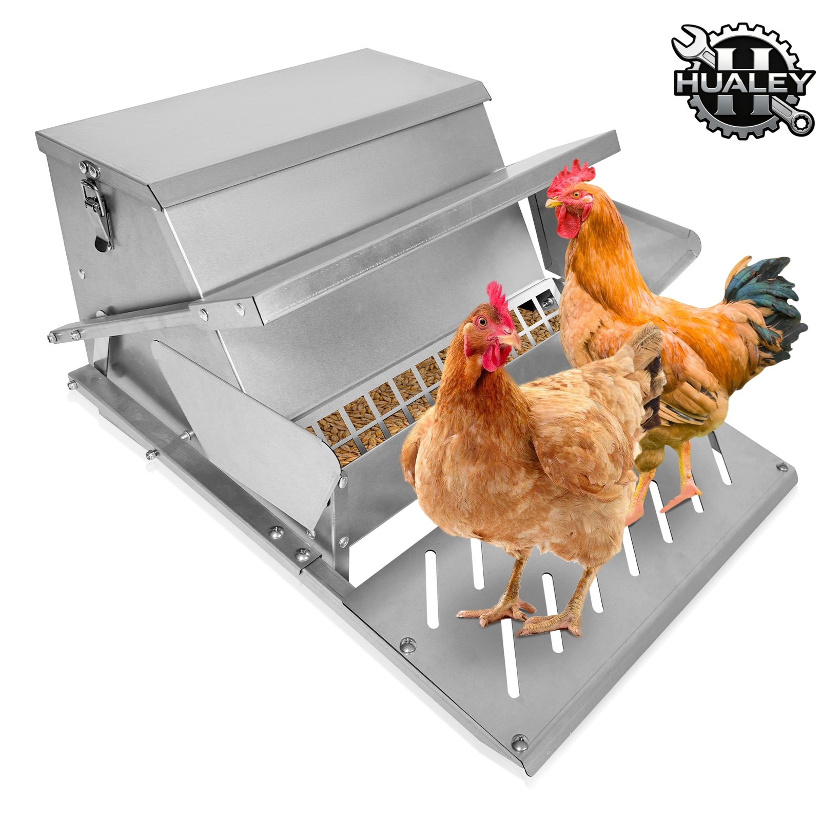 Outdoor Weatherproof Chicken Feeder, Galvanized Automatic 20lb Poultry Feeder