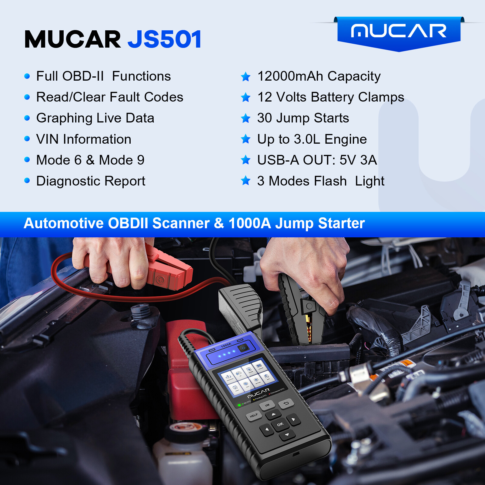 MUCAR JS501 OBD2 Code Reader Universal Car Jump Starter Booster Battery Charger