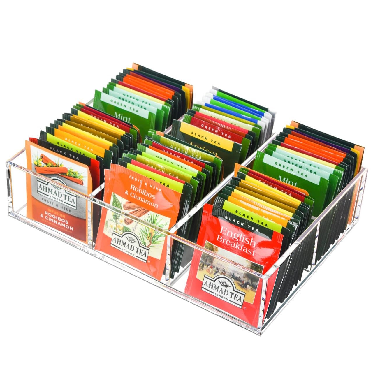 Tasybox Tea Bag Organizer, Clear Acrylic 9.8" L X 6.5" W X 2.2" H,