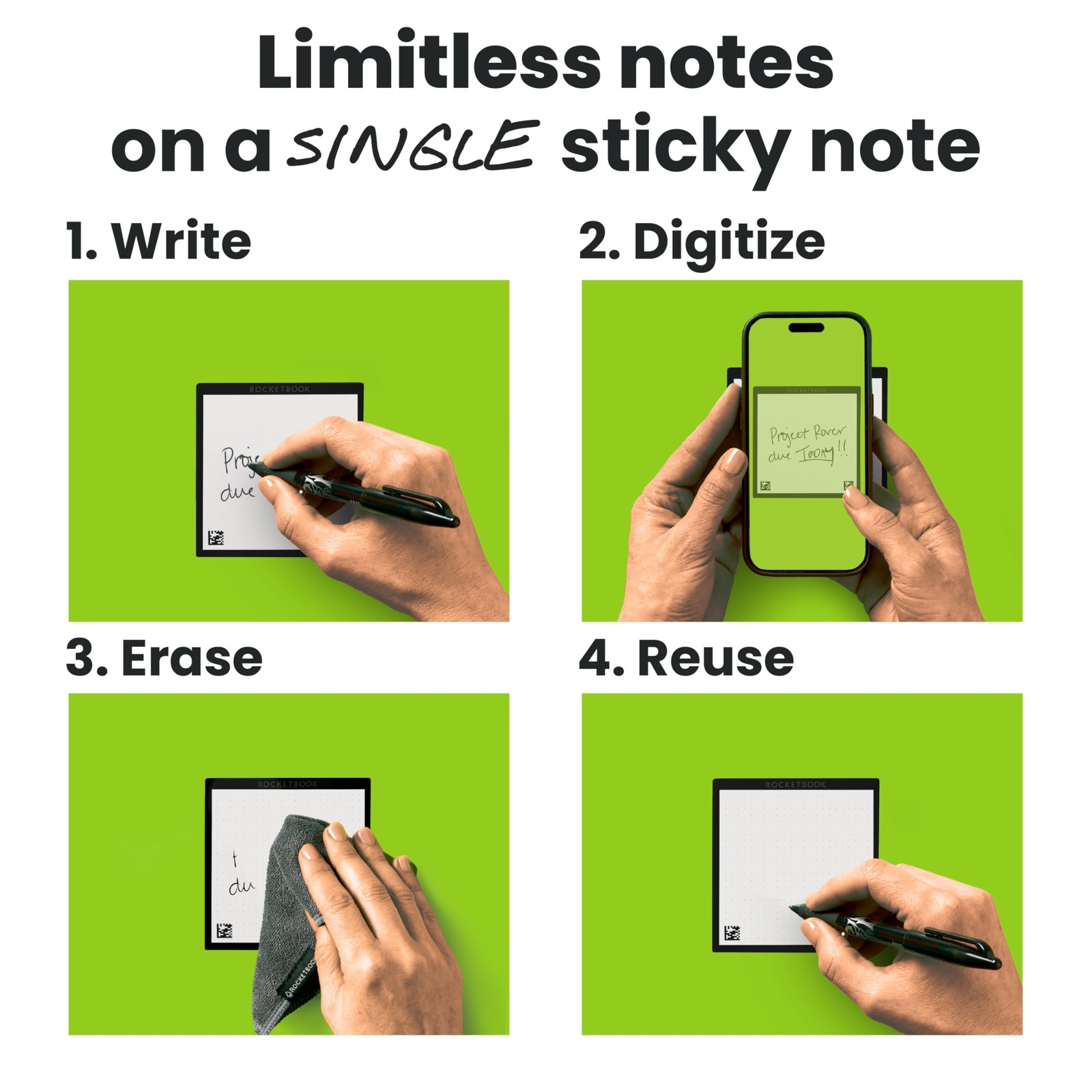 Rocketbook Reusable Sticky Notes Starter Pack, Restick and Reorganize Memo Pads,
