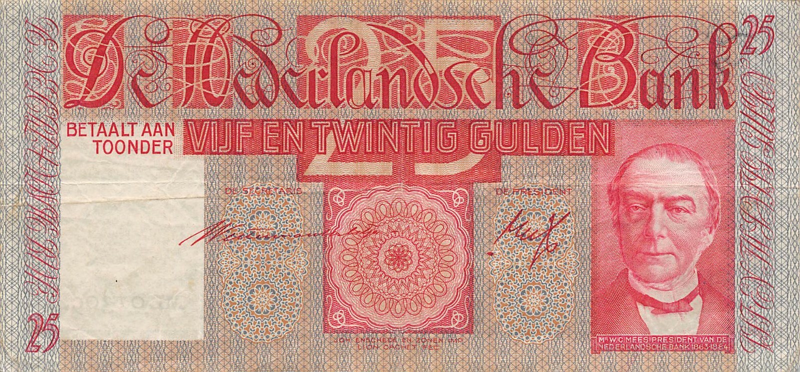 Netherlands  25  Gulden  19.3.1941  P 50  Series  ML  Circulated Banknote SS1