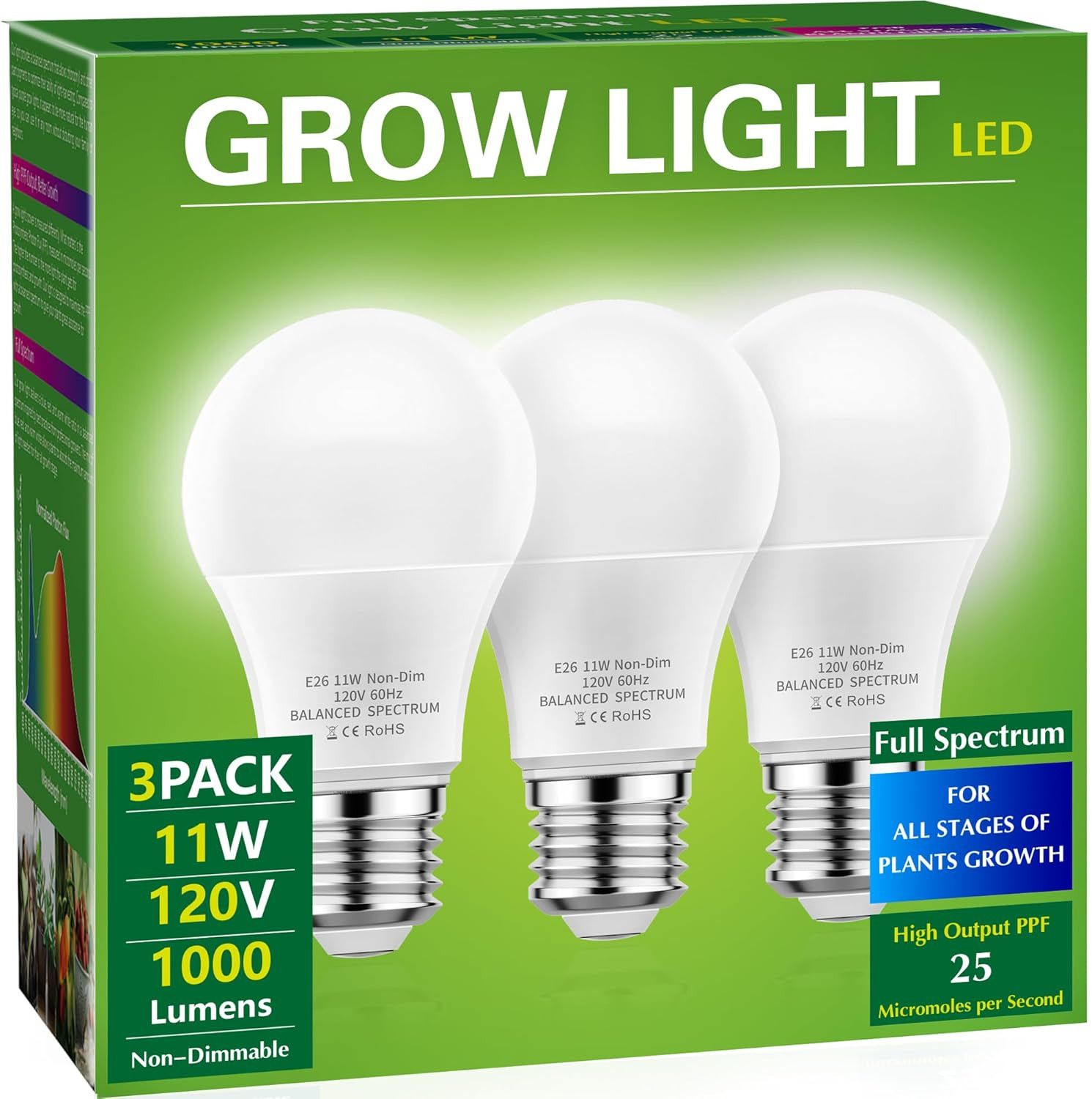 Full Spectrum LED Grow Light Bulb - A19 E26 Base, 11W (100W Equivalent) - for In