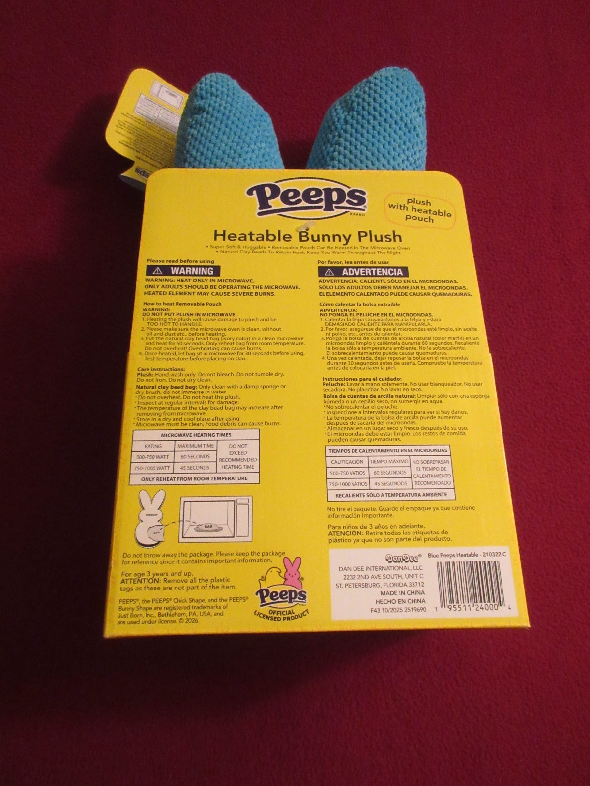 PEEPS Heatable Bunny Plush Blue 13” /Removeable Pouch/Microwaveable - NEW IN BOX