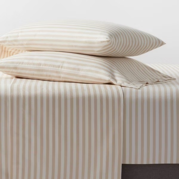 Queen Microfiber Sheet Set Neutral Stripe: 4-Piece Botanical Bedding