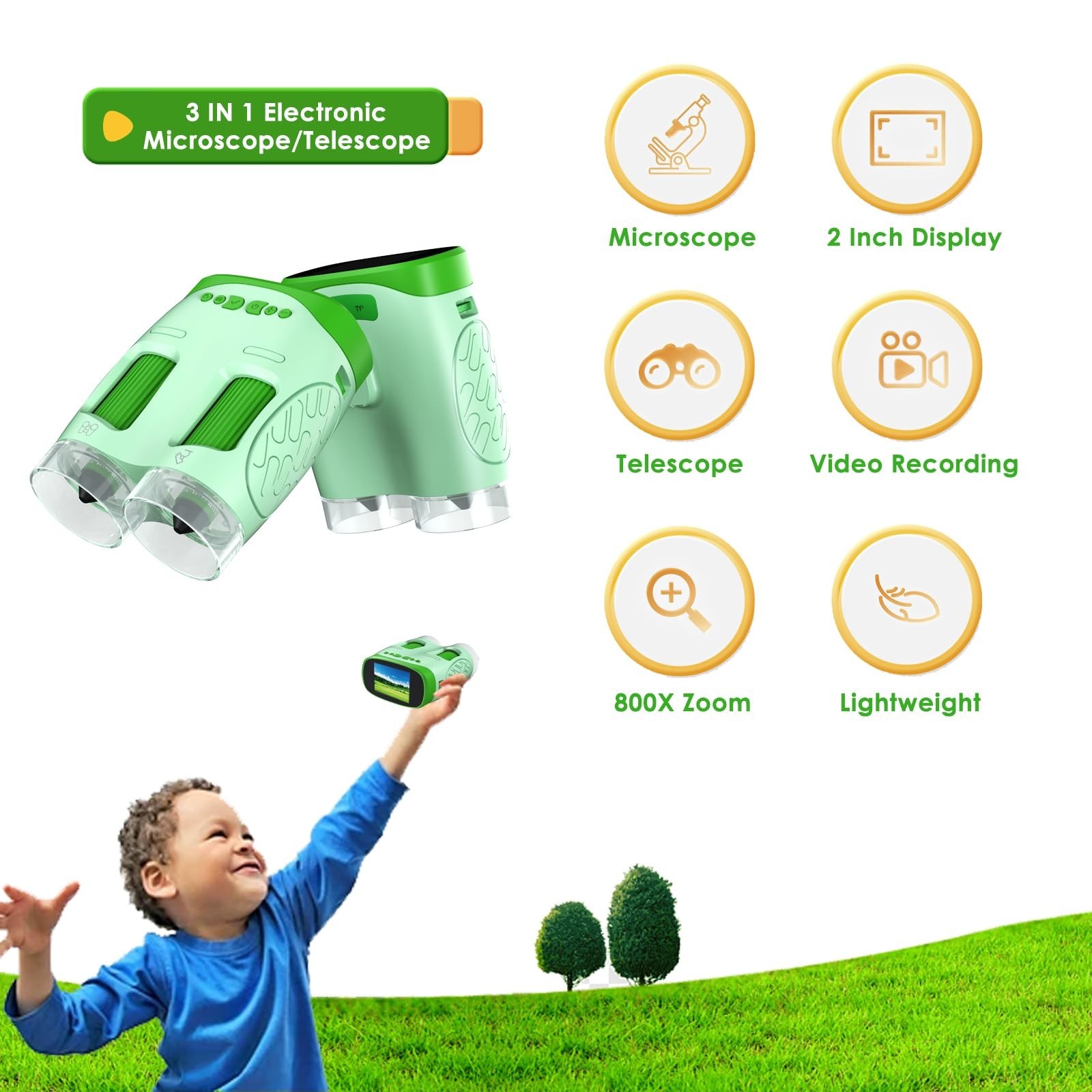 Digital Microscope for Kids, 3-in-1 2" IPS Screen Handheld Electronic Microsc...