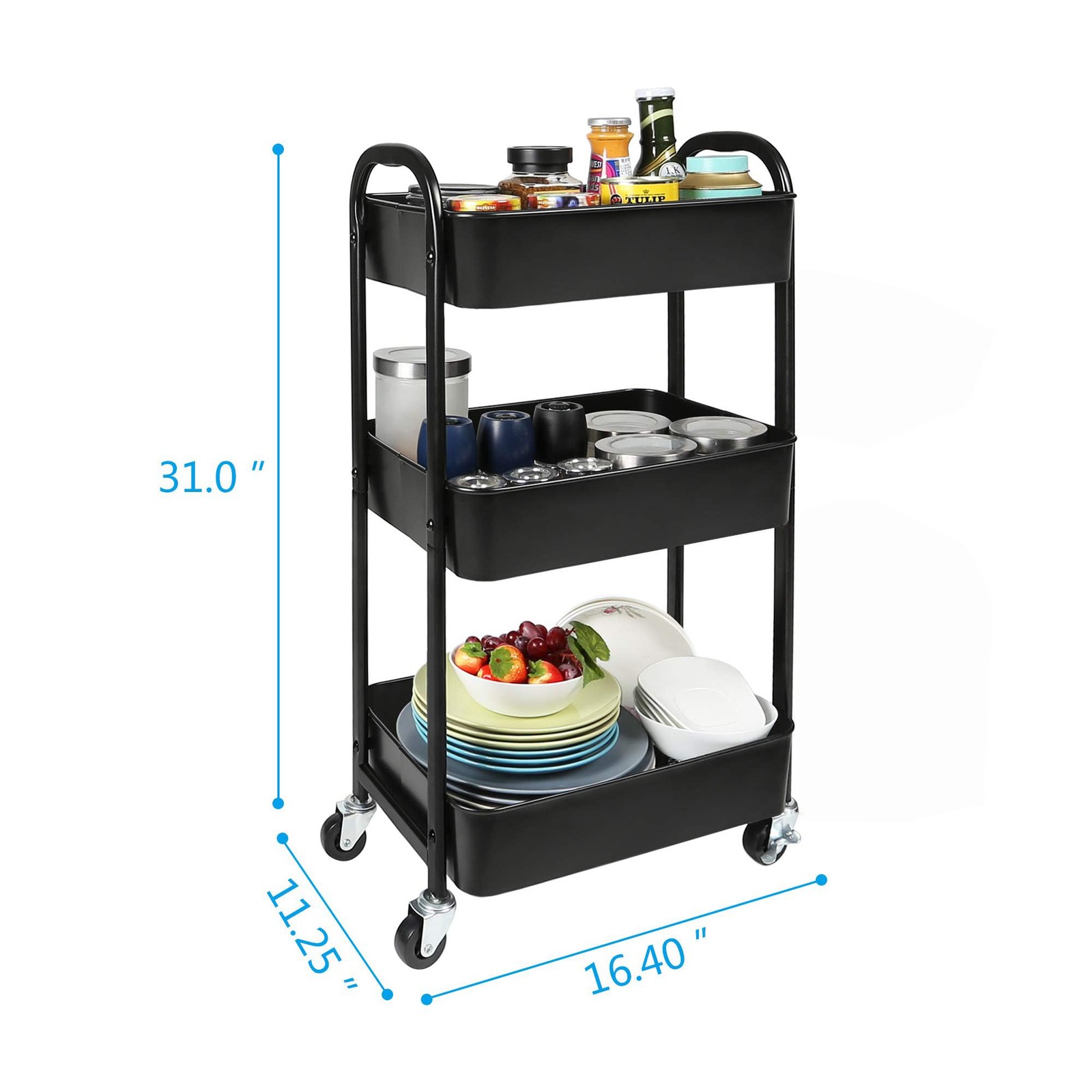 3-Tier Rolling Utility Cart with Caster Wheels,Easy Assembly, for Kitchen, Ba...