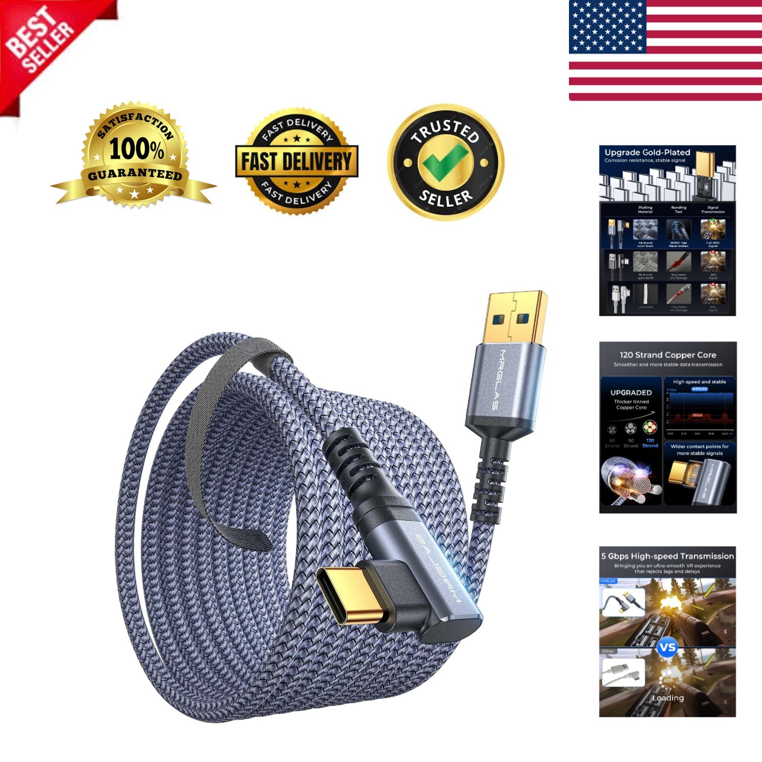 Oculus Compatible 16FT Gold-Plated USB C Link Cable - Smooth Gaming Experience