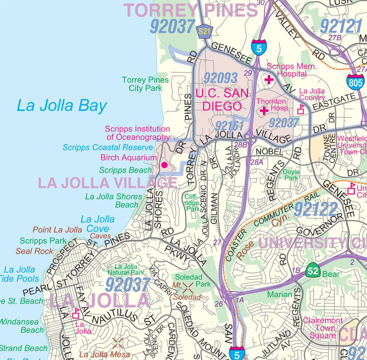 Greater San Diego CA Detailed Region Wall Map w/Zip Codes