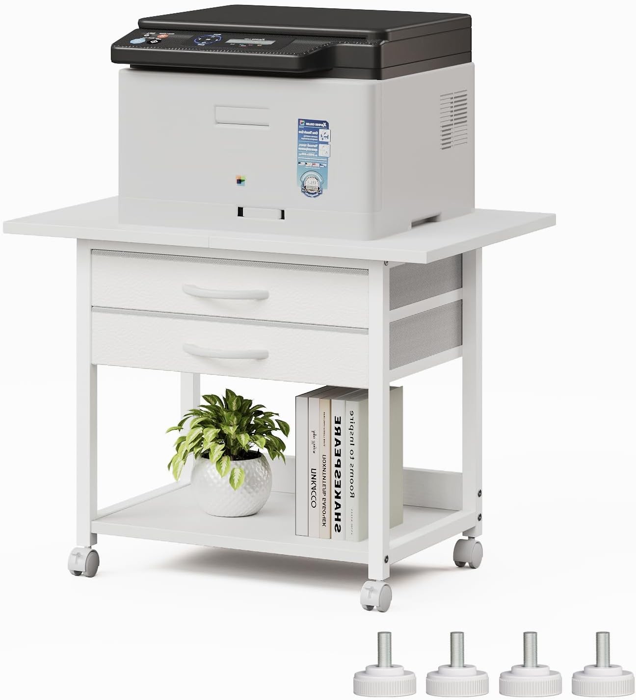 Large Printer Stand W/ Storage Fabric Drawer Under Desk Printer Table W/ Wheels