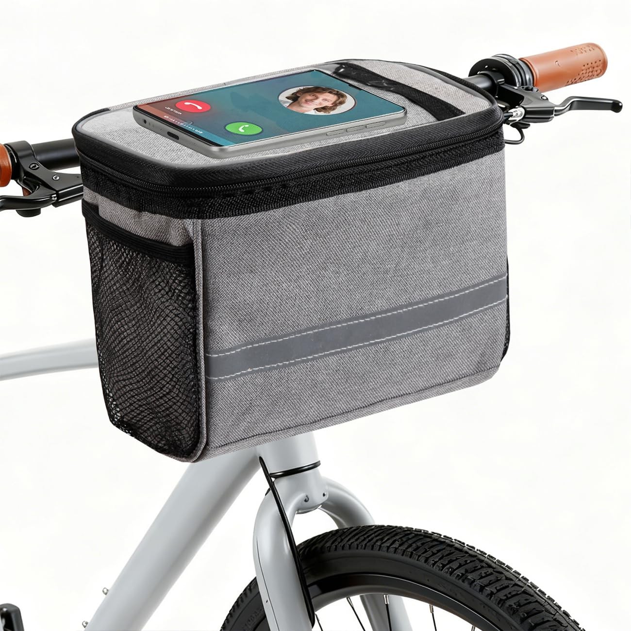 MATTISAM Bike Handlebar Bag - Front Basket with Phone Mount, M, Grey
