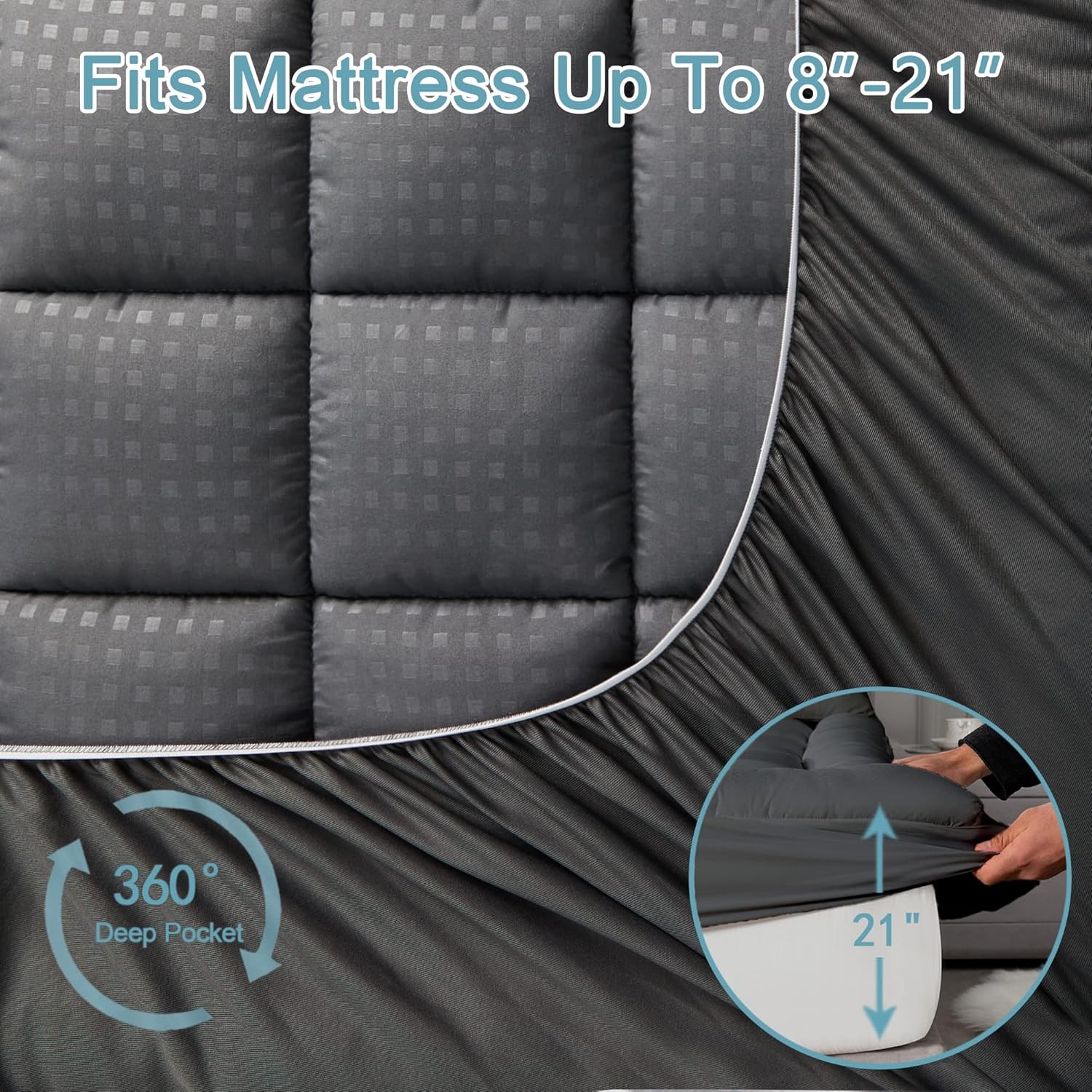 HYLEORY Queen Mattress Pad Quilted Fitted Protector Queen, Dark Grey