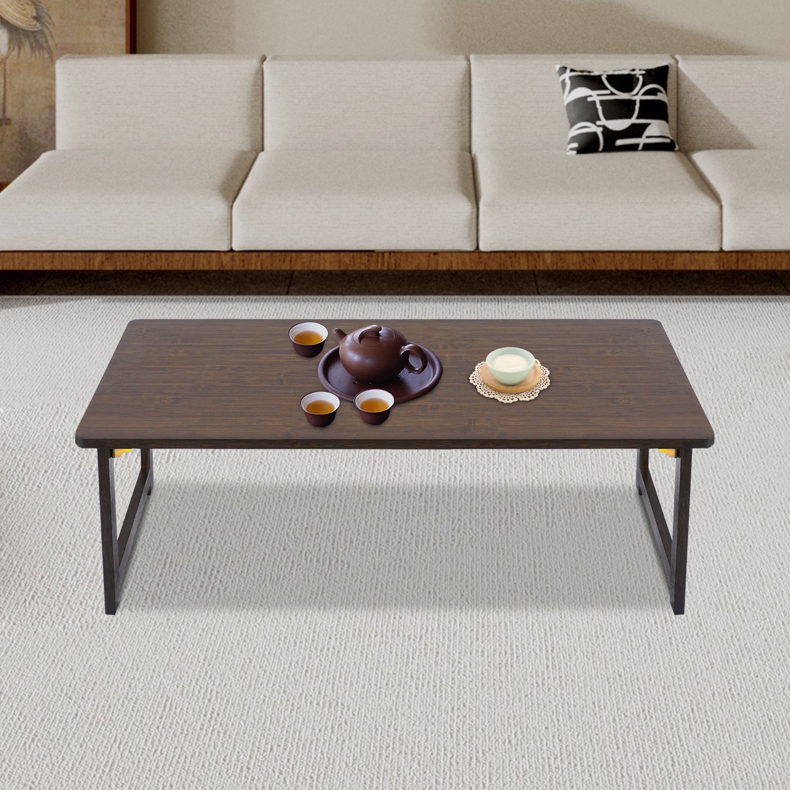Folding Floor Table Foldable Coffee Table Sitting Dining Table Walnut Color NEW