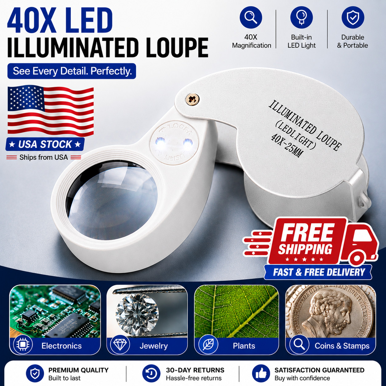 40X Jewelers Loupe Jewelry Loop Coin Magnifier Light Pocket LED Magnifying Glass
