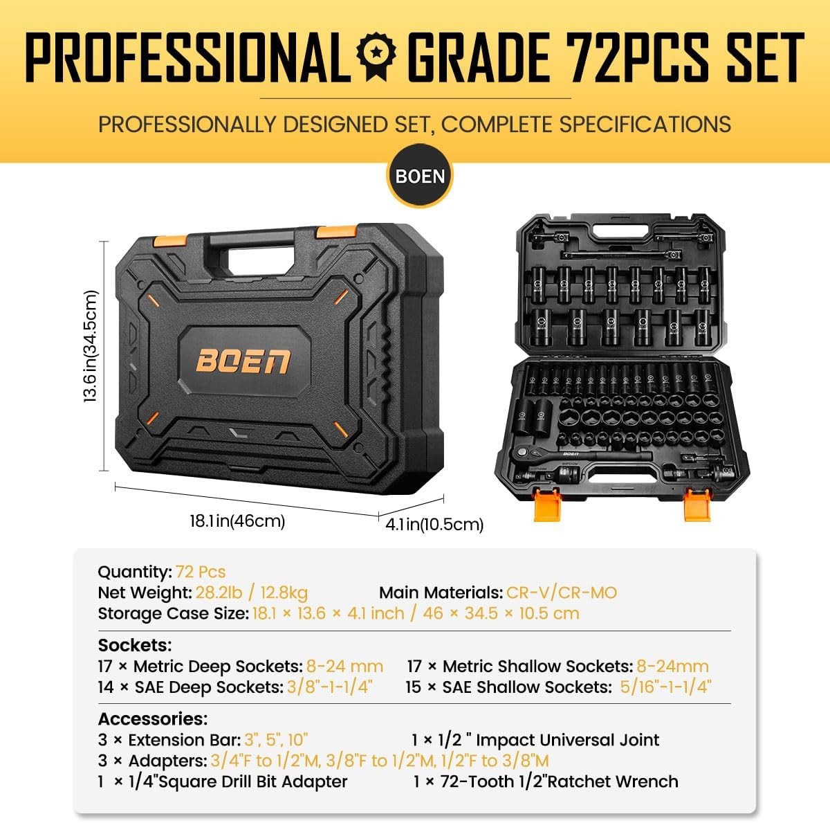BOEN 72pc 1/2" Drive Impact Socket Set SAE Metric Deep