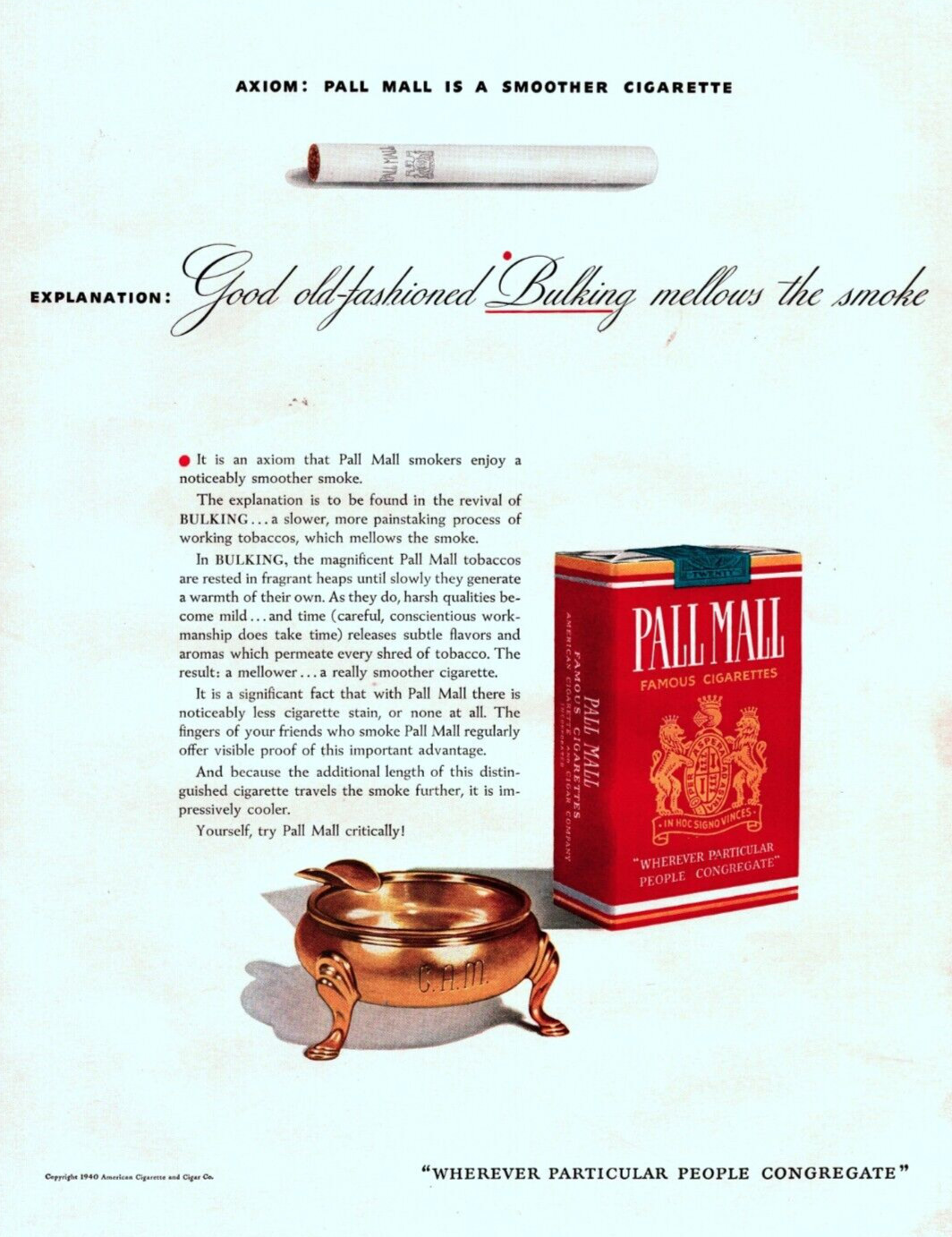1940 Pall Mall Cigarettes Vintage Print Ad Good Old Fashioned Bulking Smoother